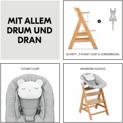 Alpha Plus Nature Grey Newborn Set - Hochstuhl + Neugeborenenaufsatz - Pastell Bear