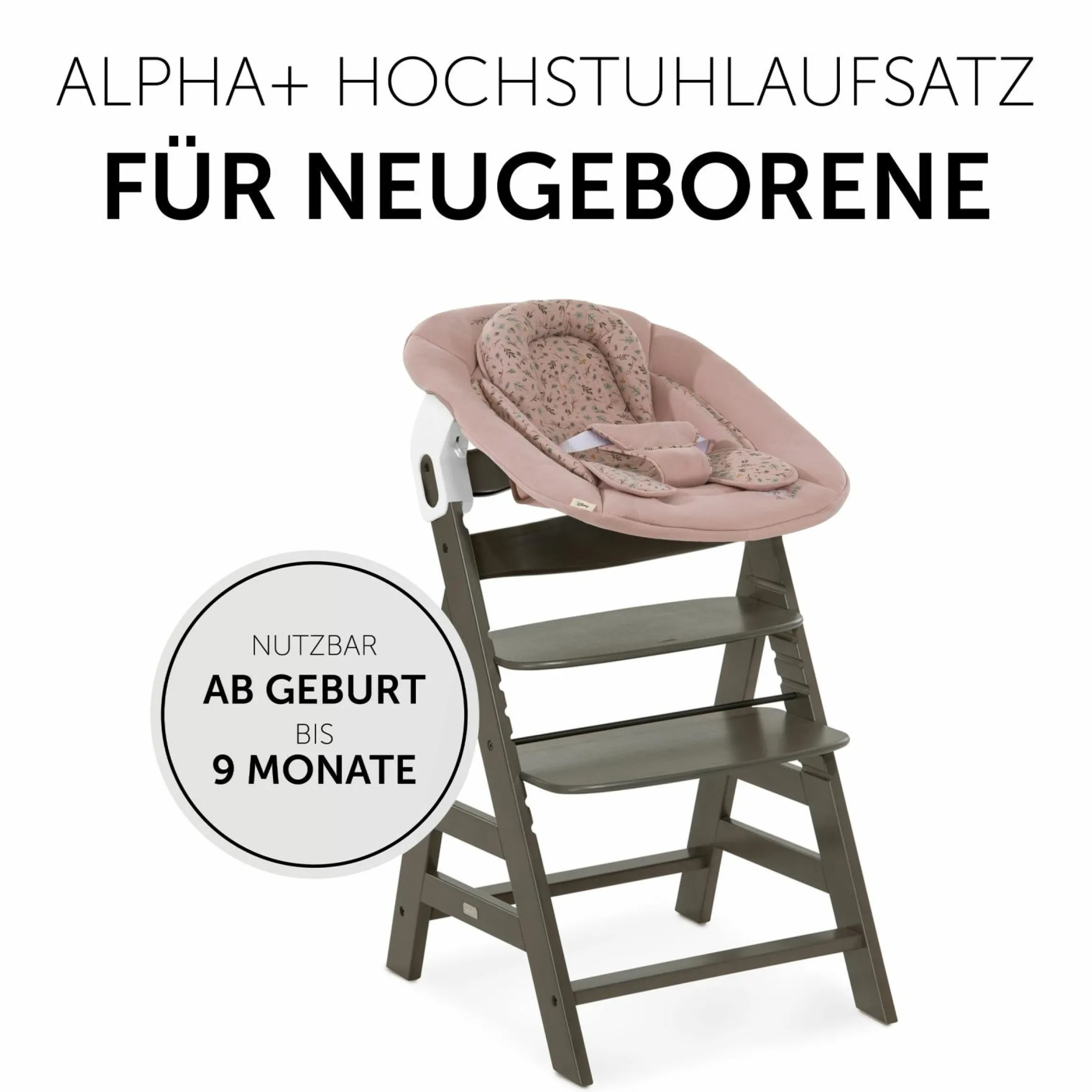 Alpha Plus Select Charcoal 4-tlg. Newborn Set Disney - Hochstuhl + 2in1 Babyaufsatz & Wippe Bambi + Sitzkissen Minnie Mouse - Rose