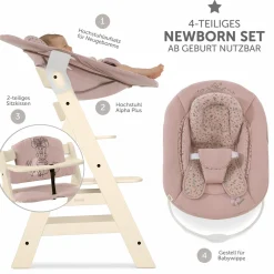 Alpha Plus Vanilla 4-tlg. Newborn Set Disney - Hochstuhl + 2in1 Babyaufsatz & Wippe Bambi + Sitzkissen Minnie Mouse - Rose