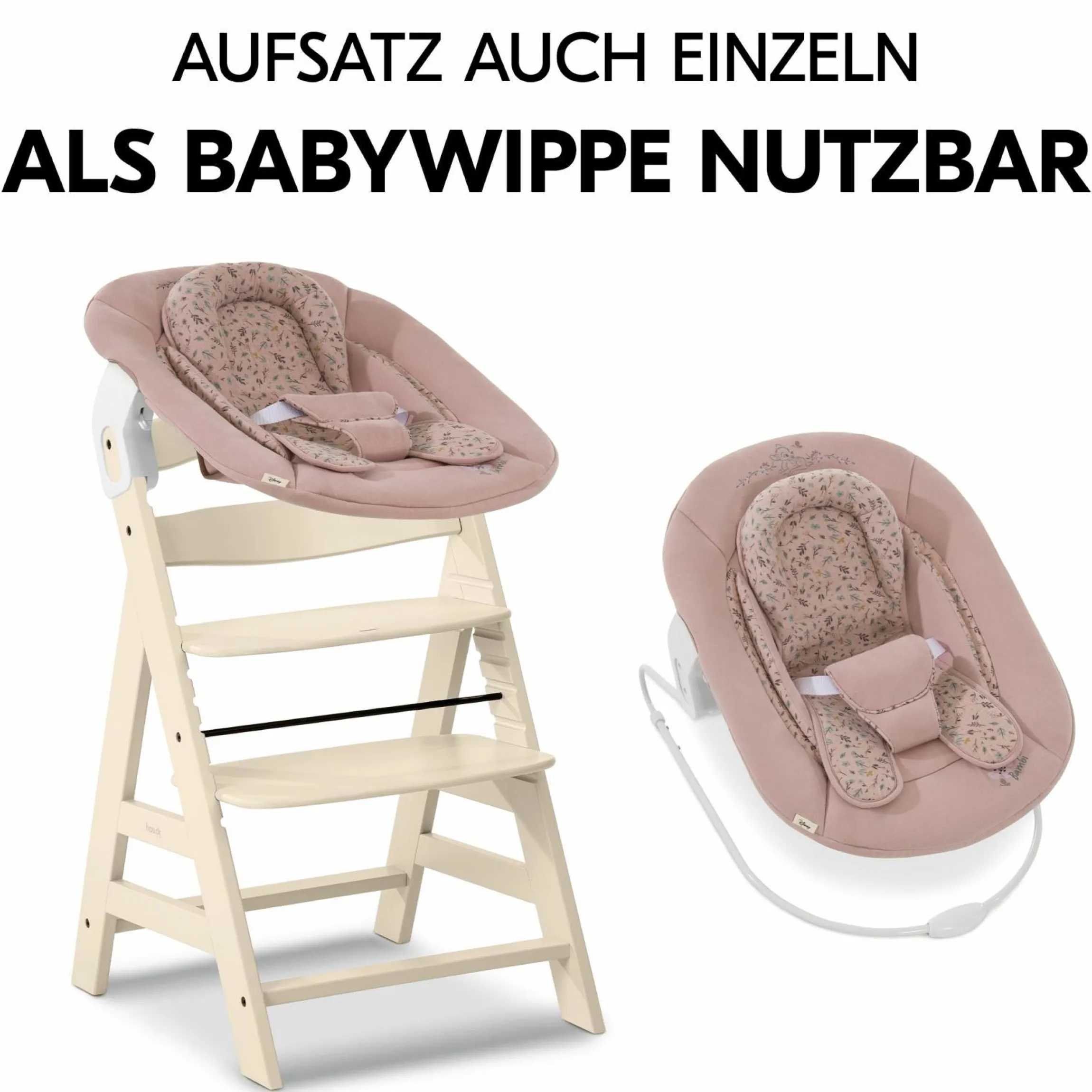 Alpha Plus Vanilla 4-tlg. Newborn Set Disney - Hochstuhl + 2in1 Babyaufsatz & Wippe Bambi + Sitzkissen Minnie Mouse - Rose