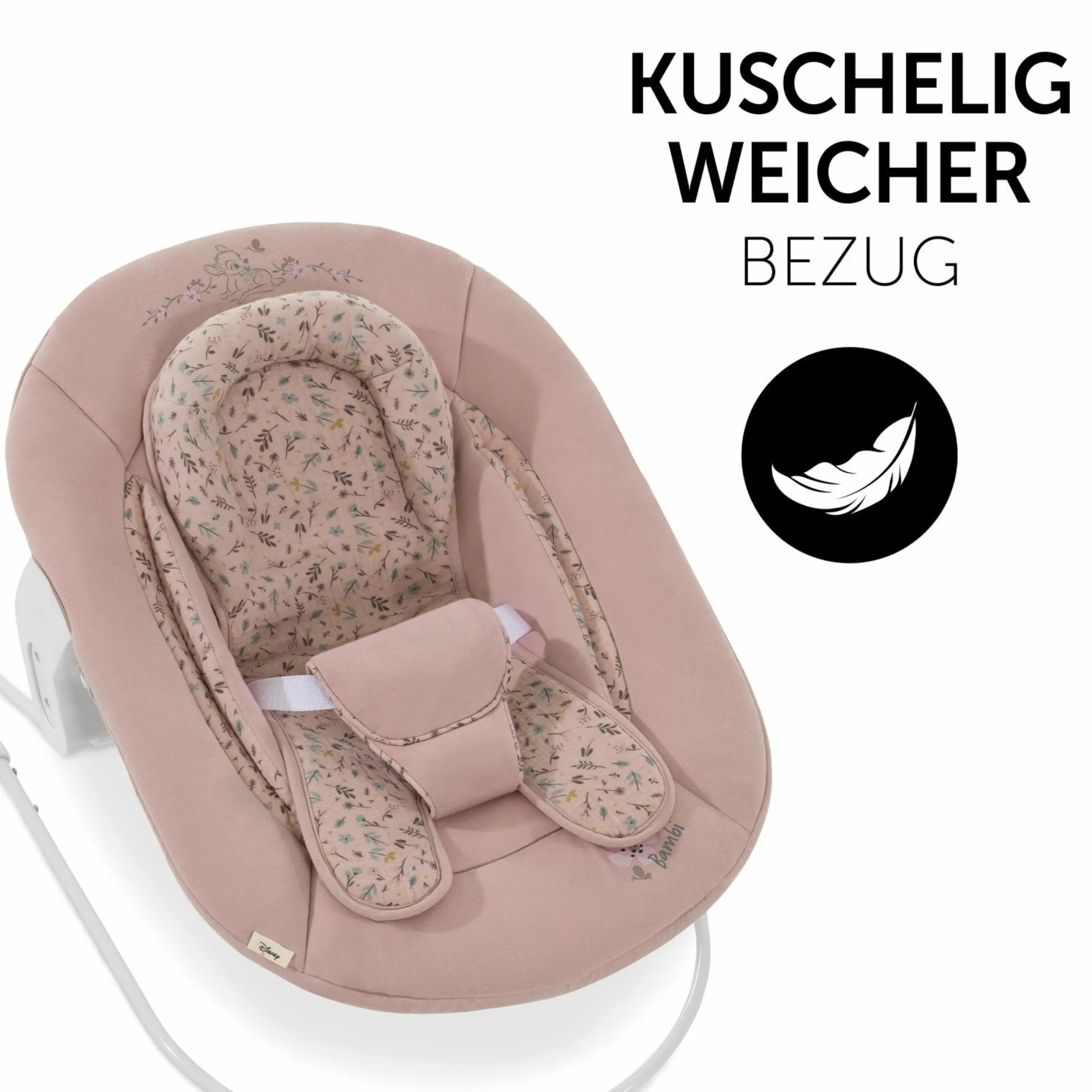 Alpha Plus Vanilla 4-tlg. Newborn Set Disney - Hochstuhl + 2in1 Babyaufsatz & Wippe Bambi + Sitzkissen Minnie Mouse - Rose