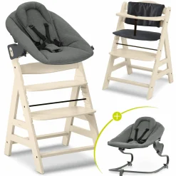 Alpha Plus Vanilla 4-tlg. Newborn Set - Hochstuhl + 2in1 Babyaufsatz & Wippe Premium + Sitzkissen - Dark Grey