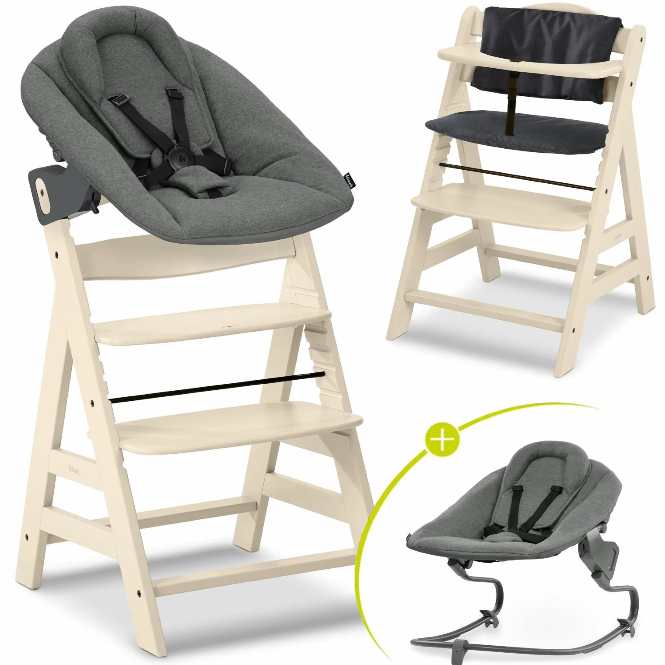 Alpha Plus Vanilla 4-tlg. Newborn Set - Hochstuhl + 2in1 Babyaufsatz & Wippe Premium + Sitzkissen - Dark Grey
