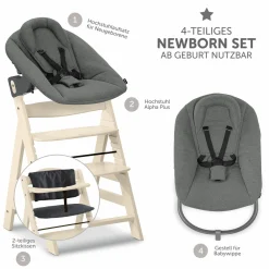 Alpha Plus Vanilla 4-tlg. Newborn Set - Hochstuhl + 2in1 Babyaufsatz & Wippe Premium + Sitzkissen - Dark Grey