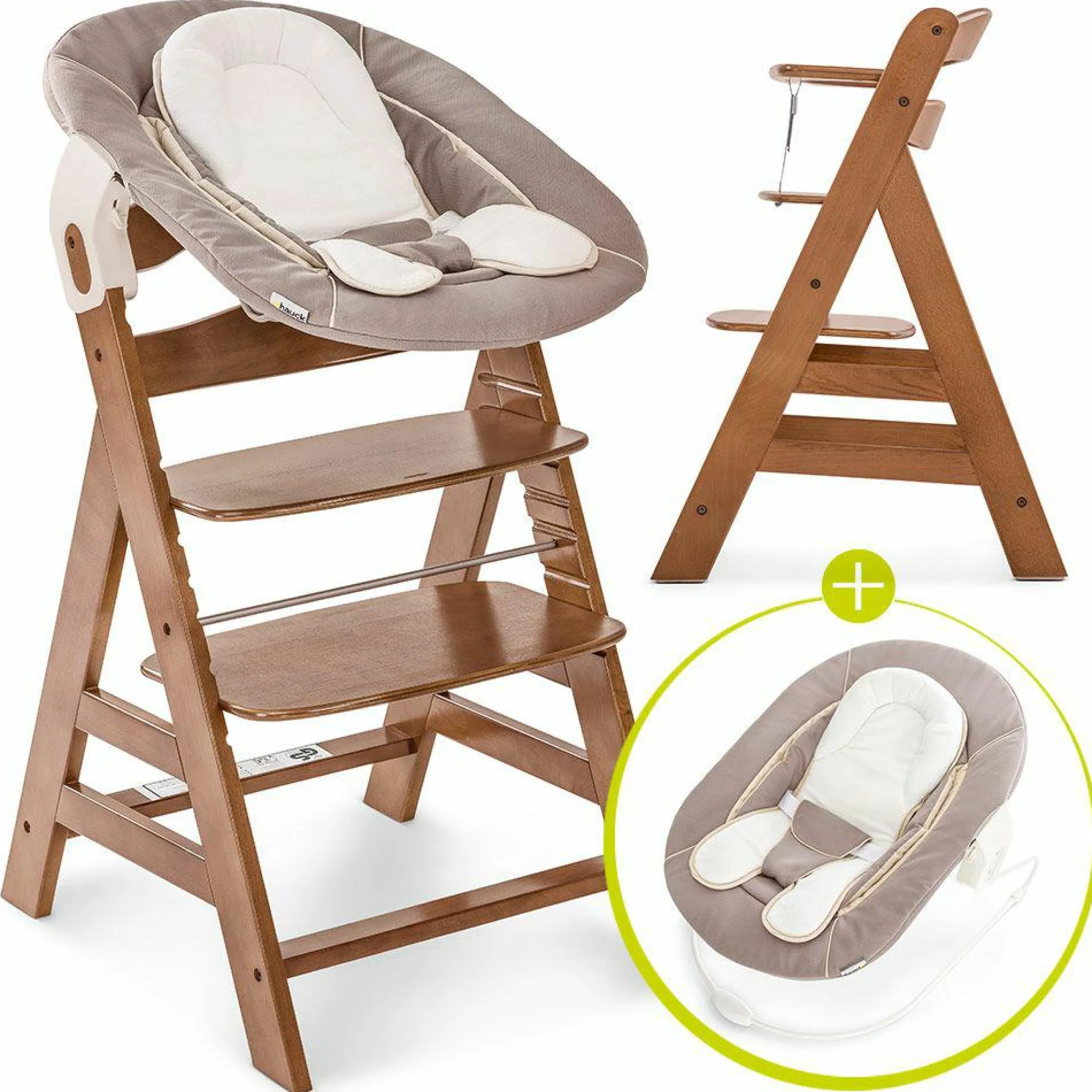 Alpha Plus Walnut Newborn Set - 3-tlg. Hochstuhl + Neugeboreneneinsatz & Wippe Stretch Beige