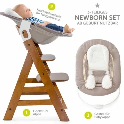 Alpha Plus Walnut Newborn Set - 3-tlg. Hochstuhl + Neugeboreneneinsatz & Wippe Stretch Beige