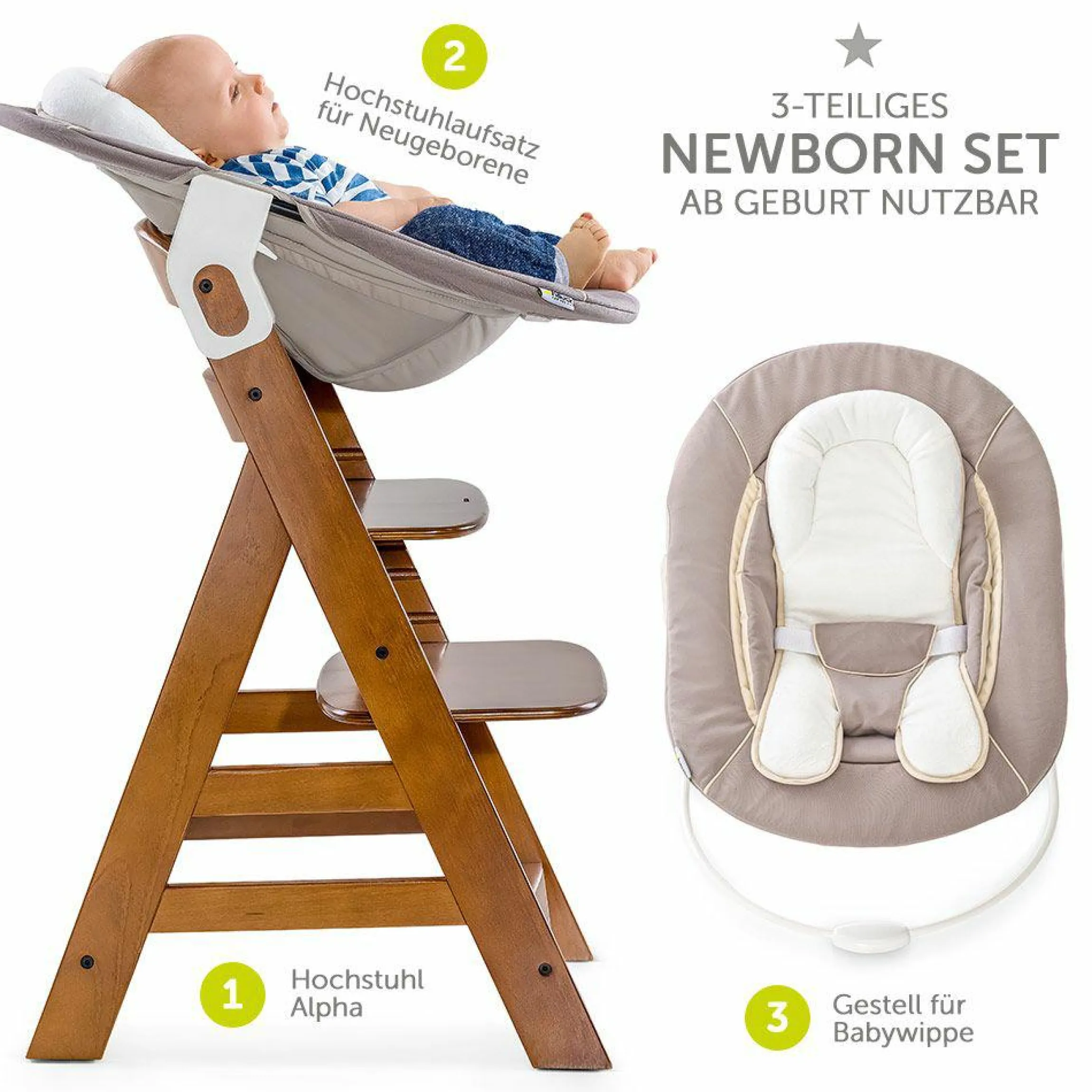 Alpha Plus Walnut Newborn Set - 3-tlg. Hochstuhl + Neugeboreneneinsatz & Wippe Stretch Beige