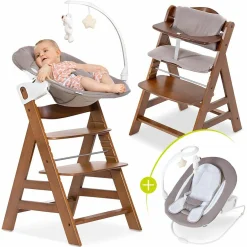 Alpha Plus Walnut Newborn Set Deluxe - 4-tlg. Hochstuhl + Neugeborenenaufsatz (Rückenlehne verstellbar) + Sitzkissen
