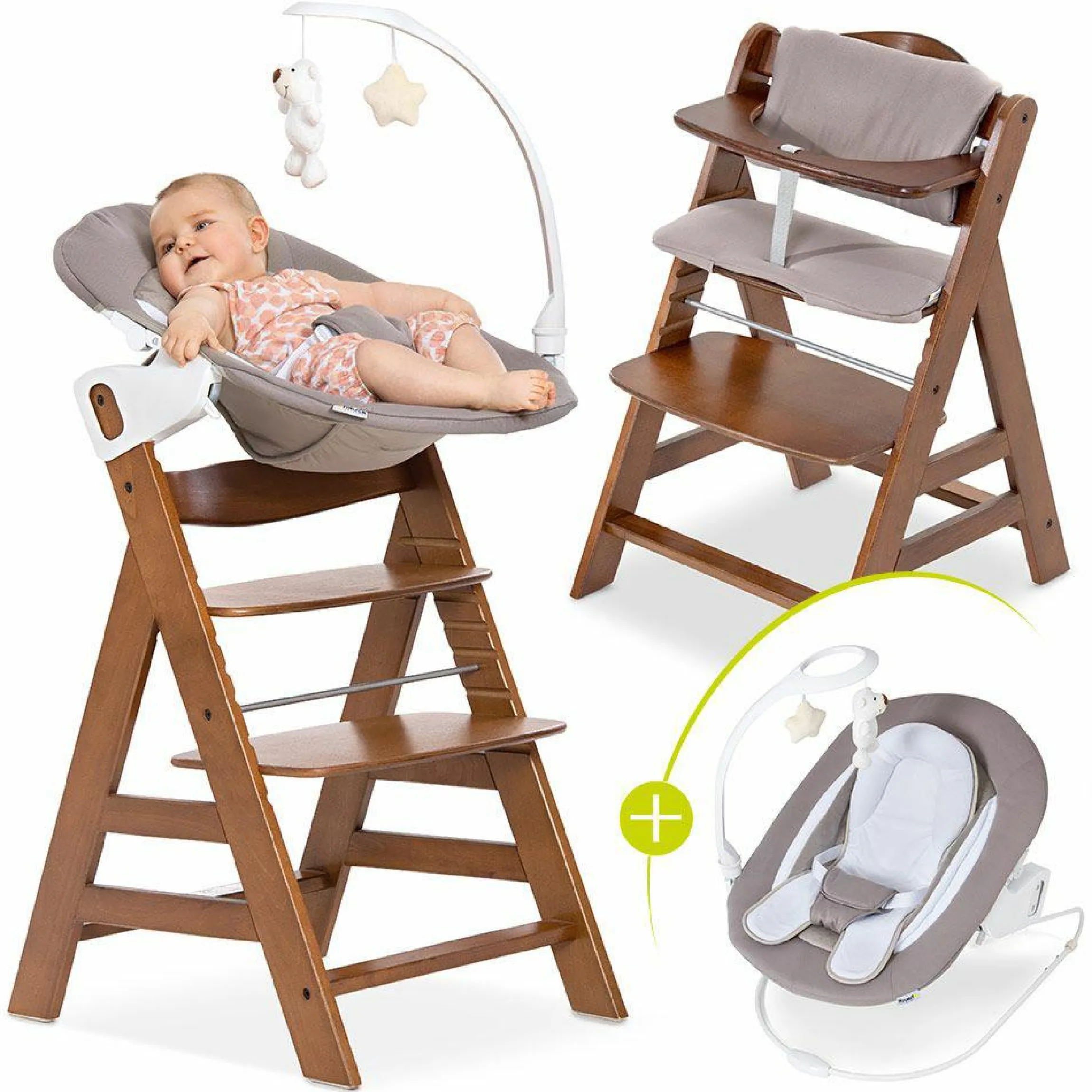 Alpha Plus Walnut Newborn Set Deluxe - 4-tlg. Hochstuhl + Neugeborenenaufsatz (Rückenlehne verstellbar) + Sitzkissen
