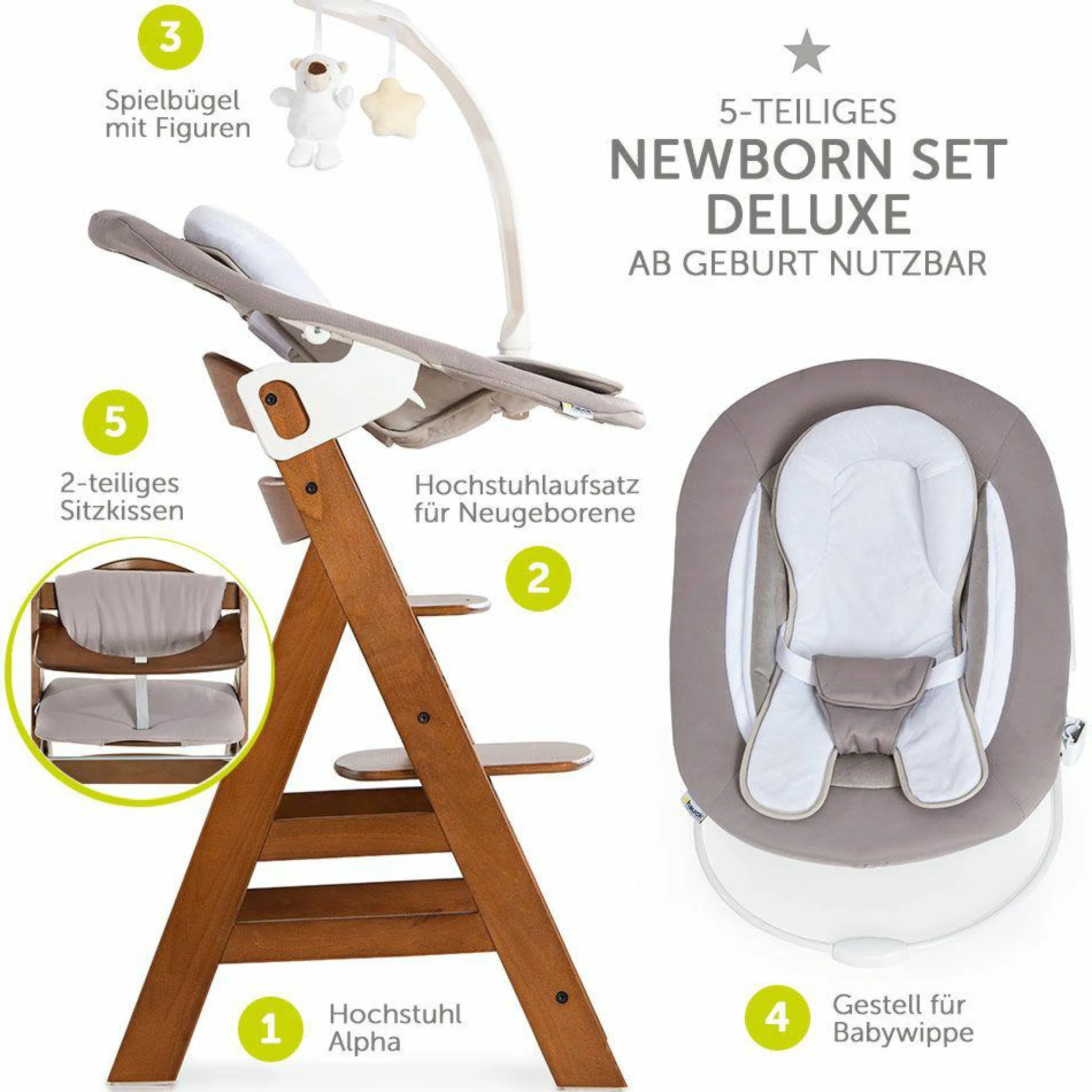 Alpha Plus Walnut Newborn Set Deluxe - 4-tlg. Hochstuhl + Neugeborenenaufsatz (Rückenlehne verstellbar) + Sitzkissen