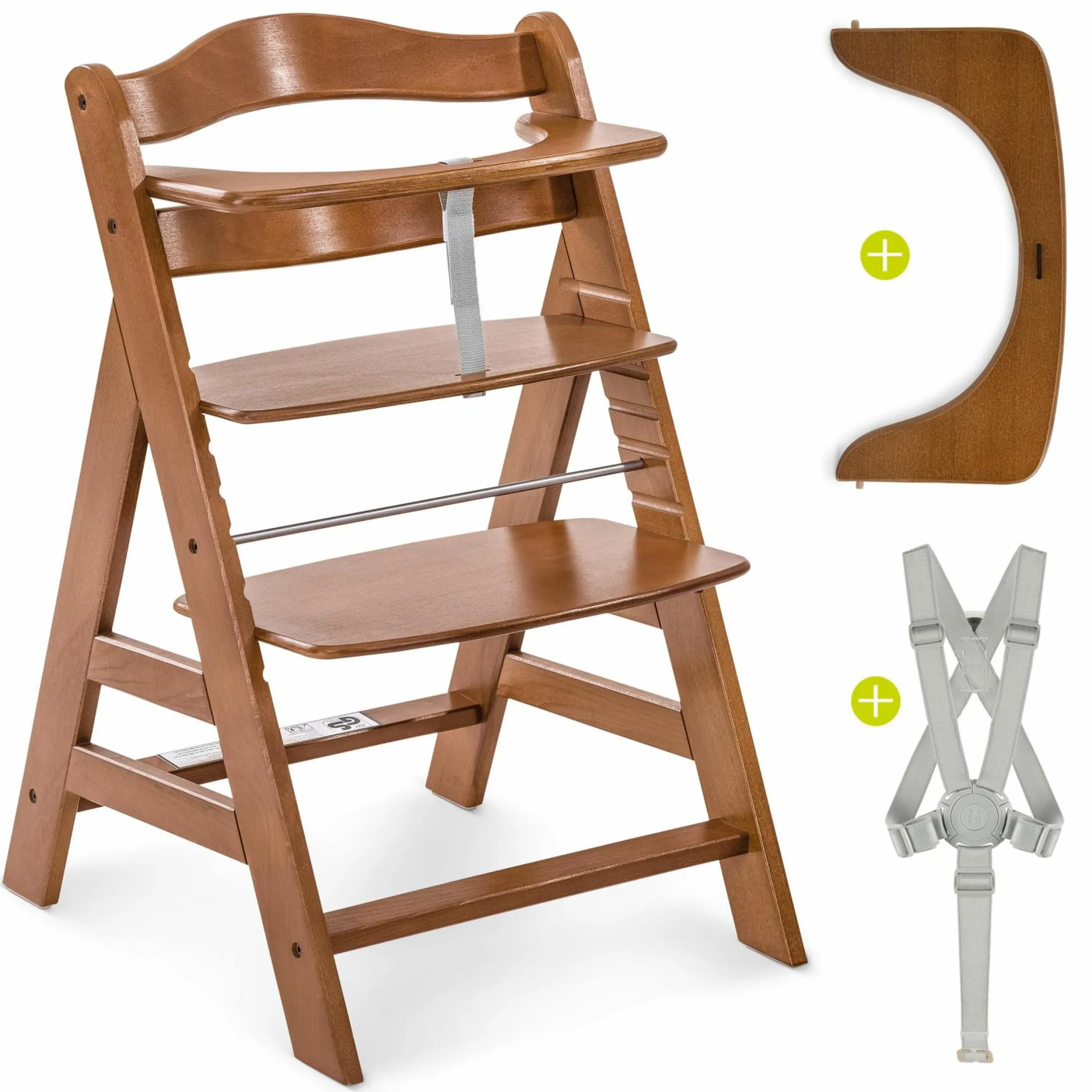 Alpha Plus Walnut Newborn Set Deluxe - 4-tlg. Hochstuhl + Neugeborenenaufsatz (Rückenlehne verstellbar) + Sitzkissen