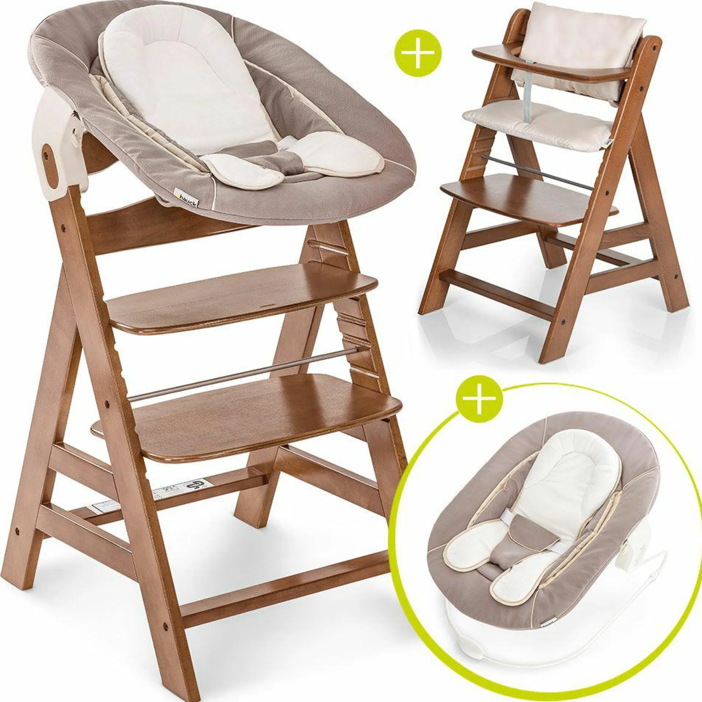 Alpha Plus Walnut Newborn Set - 4-tlg. Hochstuhl + Neugeboreneneinsatz & Wippe Stretch Beige + Sitzpolster