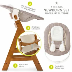 Alpha Plus Walnut Newborn Set - 4-tlg. Hochstuhl + Neugeboreneneinsatz & Wippe Stretch Beige + Sitzpolster