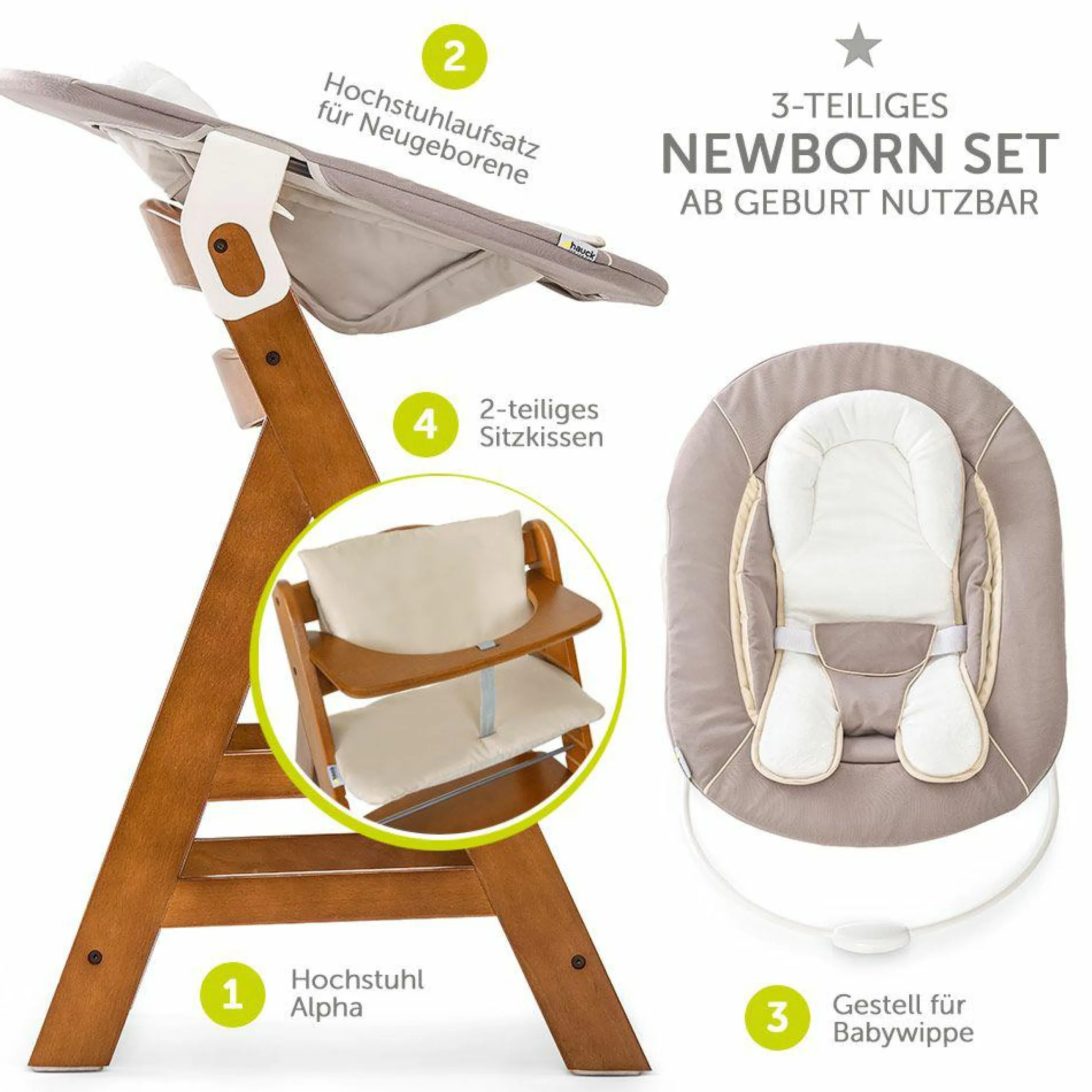 Alpha Plus Walnut Newborn Set - 4-tlg. Hochstuhl + Neugeboreneneinsatz & Wippe Stretch Beige + Sitzpolster
