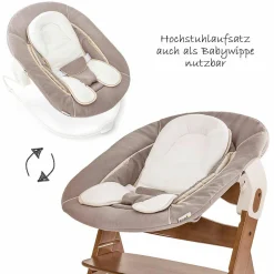 Alpha Plus Walnut Newborn Set - 4-tlg. Hochstuhl + Neugeboreneneinsatz & Wippe Stretch Beige + Sitzpolster