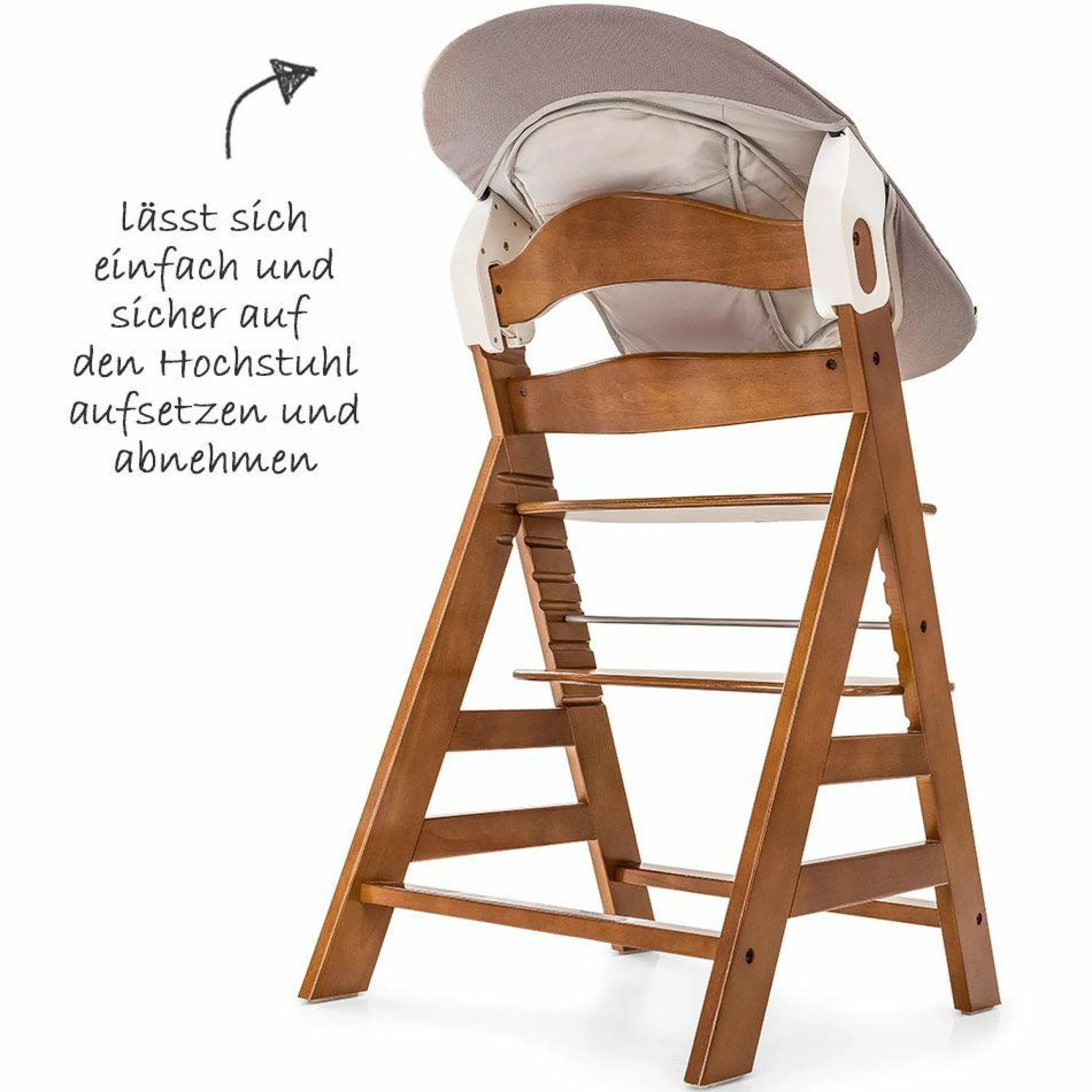 Alpha Plus Walnut Newborn Set - 4-tlg. Hochstuhl + Neugeboreneneinsatz & Wippe Stretch Beige + Sitzpolster