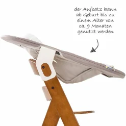 Alpha Plus Walnut Newborn Set - 4-tlg. Hochstuhl + Neugeboreneneinsatz & Wippe Stretch Beige + Sitzpolster