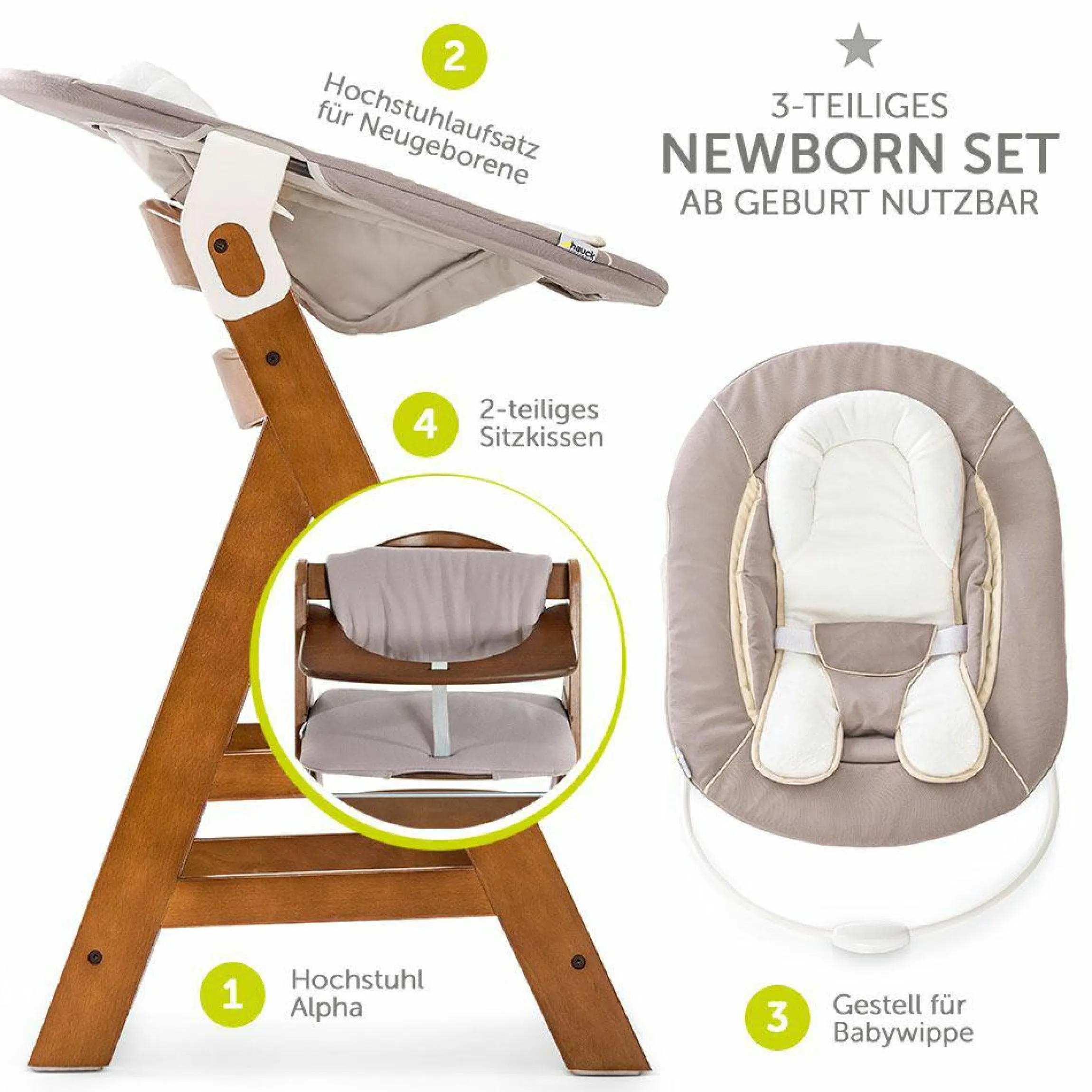 Alpha Plus Walnut Newborn Set - 4-tlg. Hochstuhl + Neugeborenenaufsatz & Wippe Stretch Beige + Sitzkissen