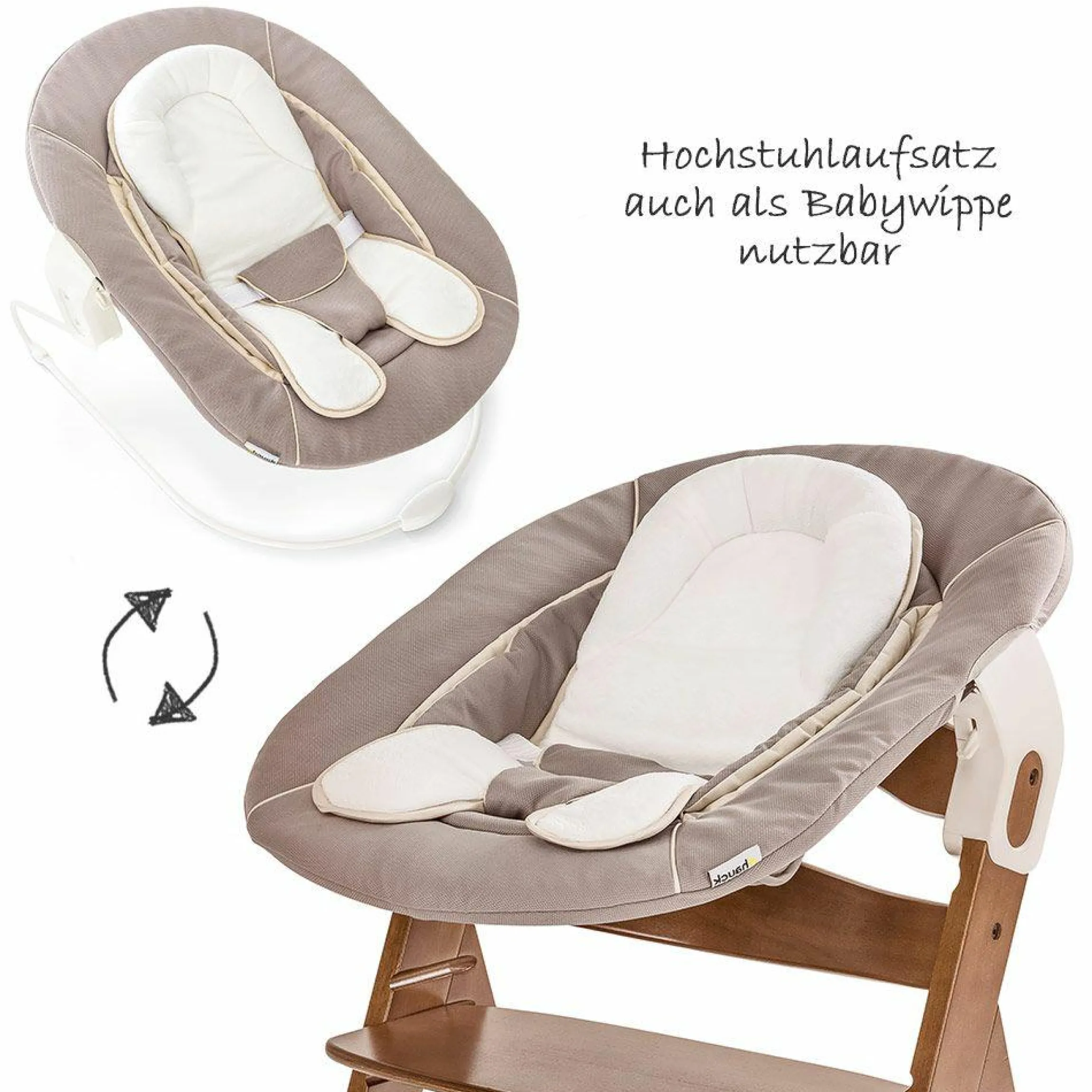 Alpha Plus Walnut Newborn Set - 4-tlg. Hochstuhl + Neugeborenenaufsatz & Wippe Stretch Beige + Sitzkissen