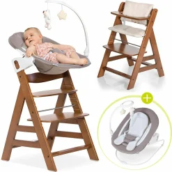 Alpha Plus Walnut Newborn Set Deluxe - 4-tlg. Hochstuhl + 2in1 Neugeboreneneinsatz (verstellbar) + Sitzpolster