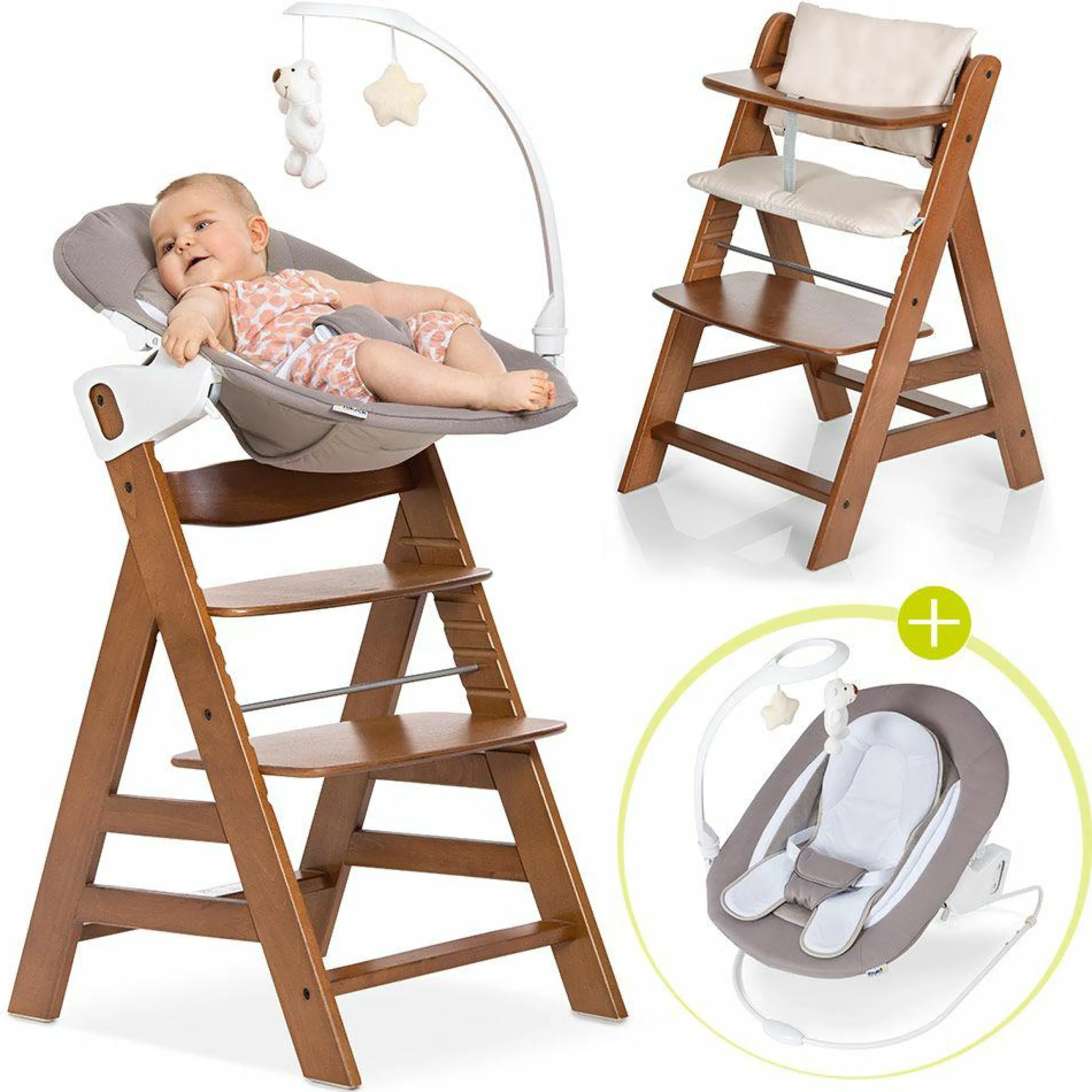Alpha Plus Walnut Newborn Set Deluxe - 4-tlg. Hochstuhl + 2in1 Neugeboreneneinsatz (verstellbar) + Sitzpolster