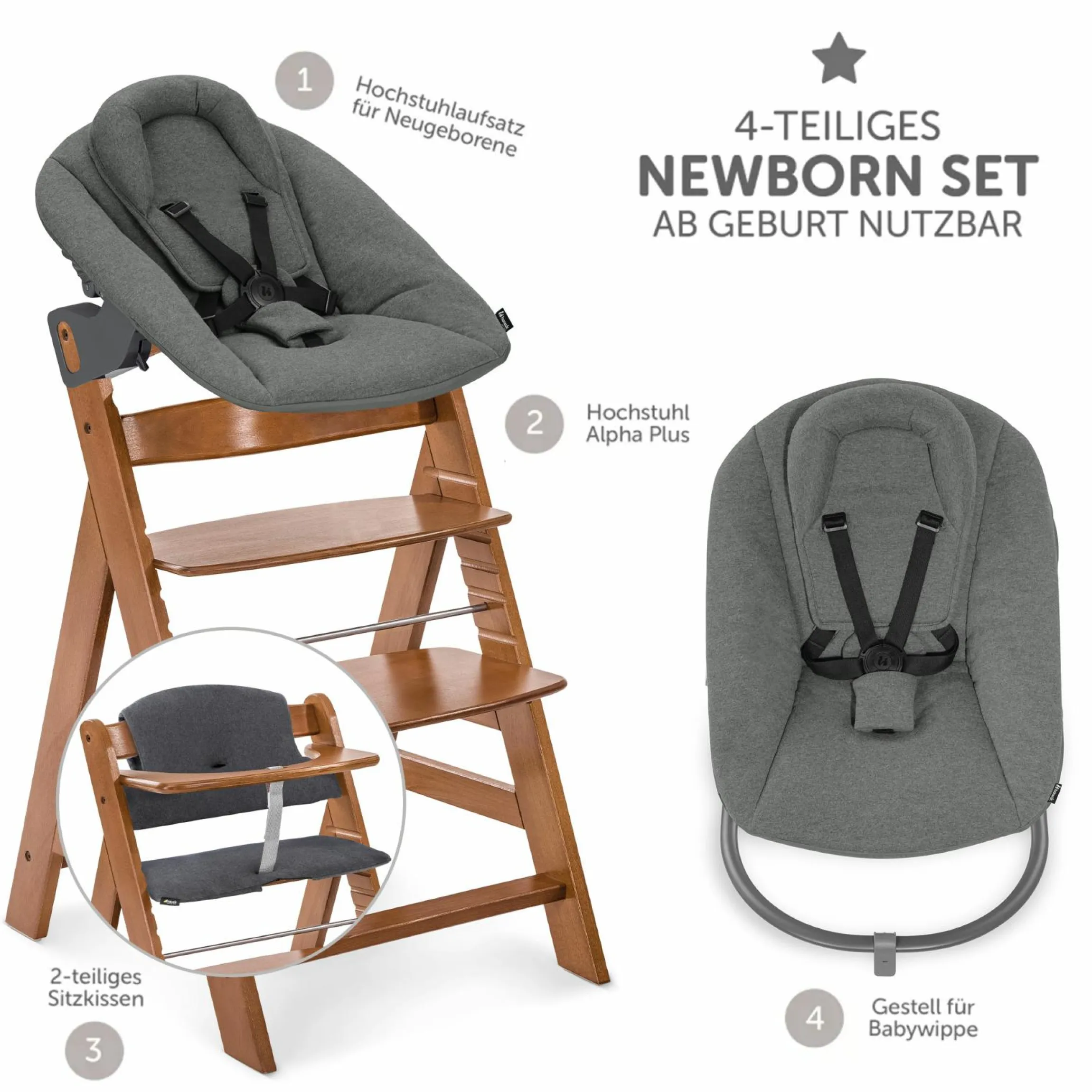 Alpha Plus Walnut 4-tlg. Newborn Set Dark Grey - Hochstuhl + Neugeboreneneinsatz & Wippe Premium + Sitzkissen