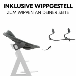 Alpha Plus Walnut 4-tlg. Newborn Set Dark Grey - Hochstuhl + Neugeboreneneinsatz & Wippe Premium + Sitzkissen