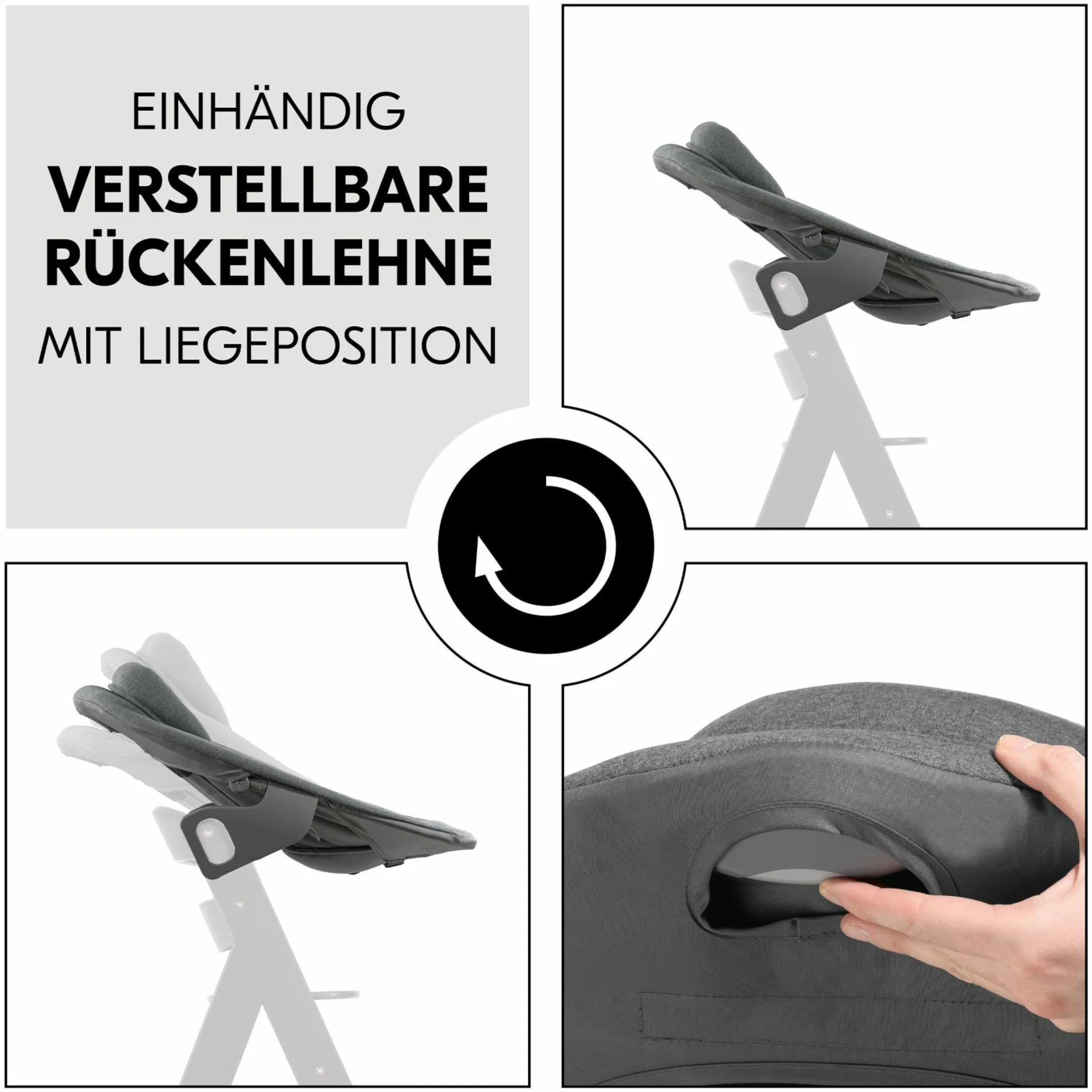 Alpha Plus Walnut 4-tlg. Newborn Set Dark Grey - Hochstuhl + Neugeboreneneinsatz & Wippe Premium + Sitzkissen