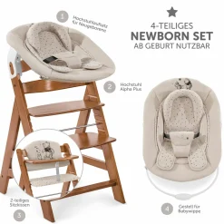 Alpha Plus Walnut 4-tlg. Newborn Set - Disney Pooh - Hochstuhl + Neugeboreneneinsatz & Wippe + Sitzpolster