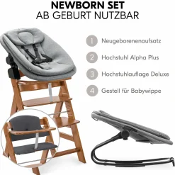 Alpha Plus Walnut 4-tlg. Newborn Set - Hochstuhl + 2in1 Babyaufsatz & Wippe + Sitzkissen - Dark Grey Melange