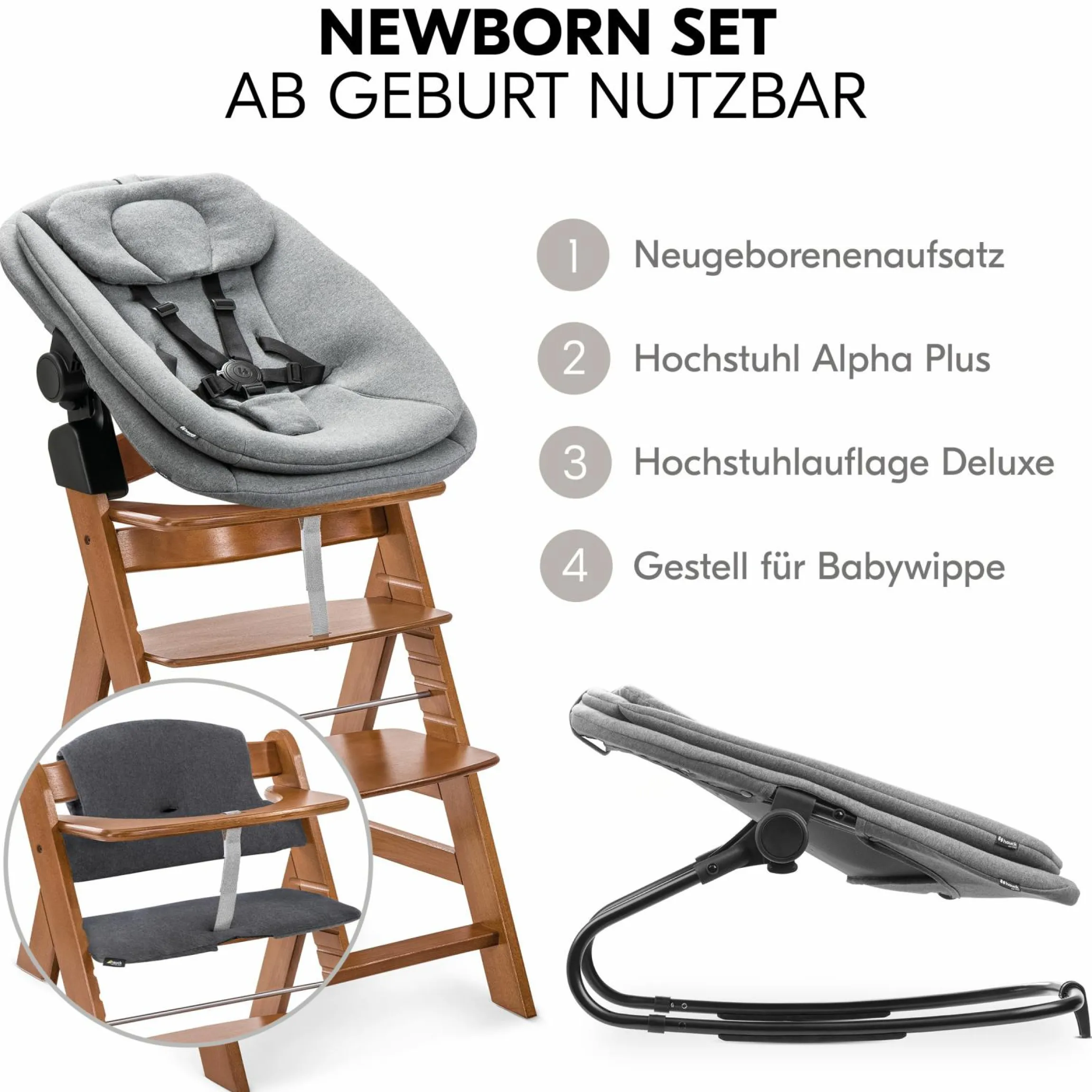 Alpha Plus Walnut 4-tlg. Newborn Set - Hochstuhl + 2in1 Babyaufsatz & Wippe + Sitzkissen - Dark Grey Melange