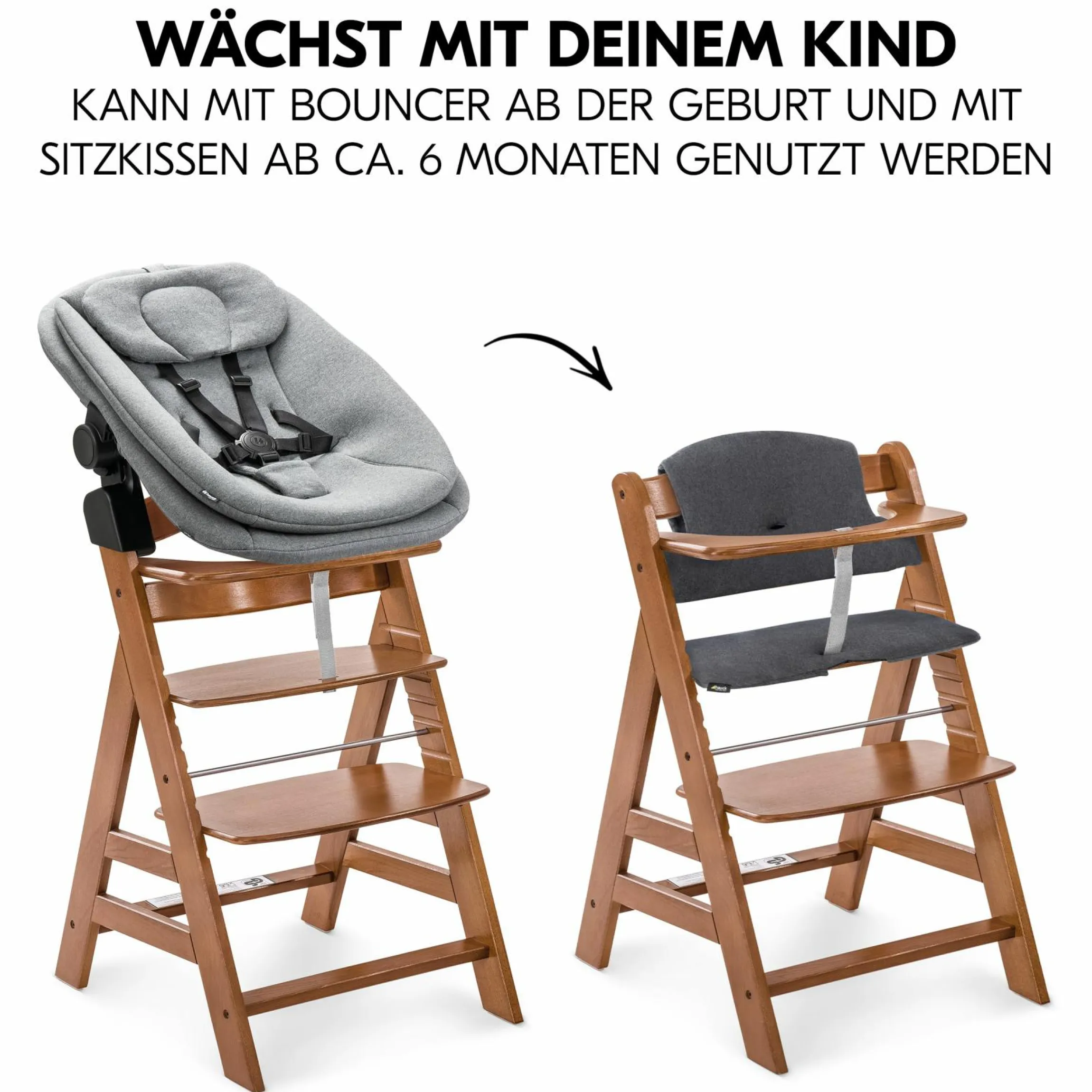 Alpha Plus Walnut 4-tlg. Newborn Set - Hochstuhl + 2in1 Babyaufsatz & Wippe + Sitzkissen - Dark Grey Melange