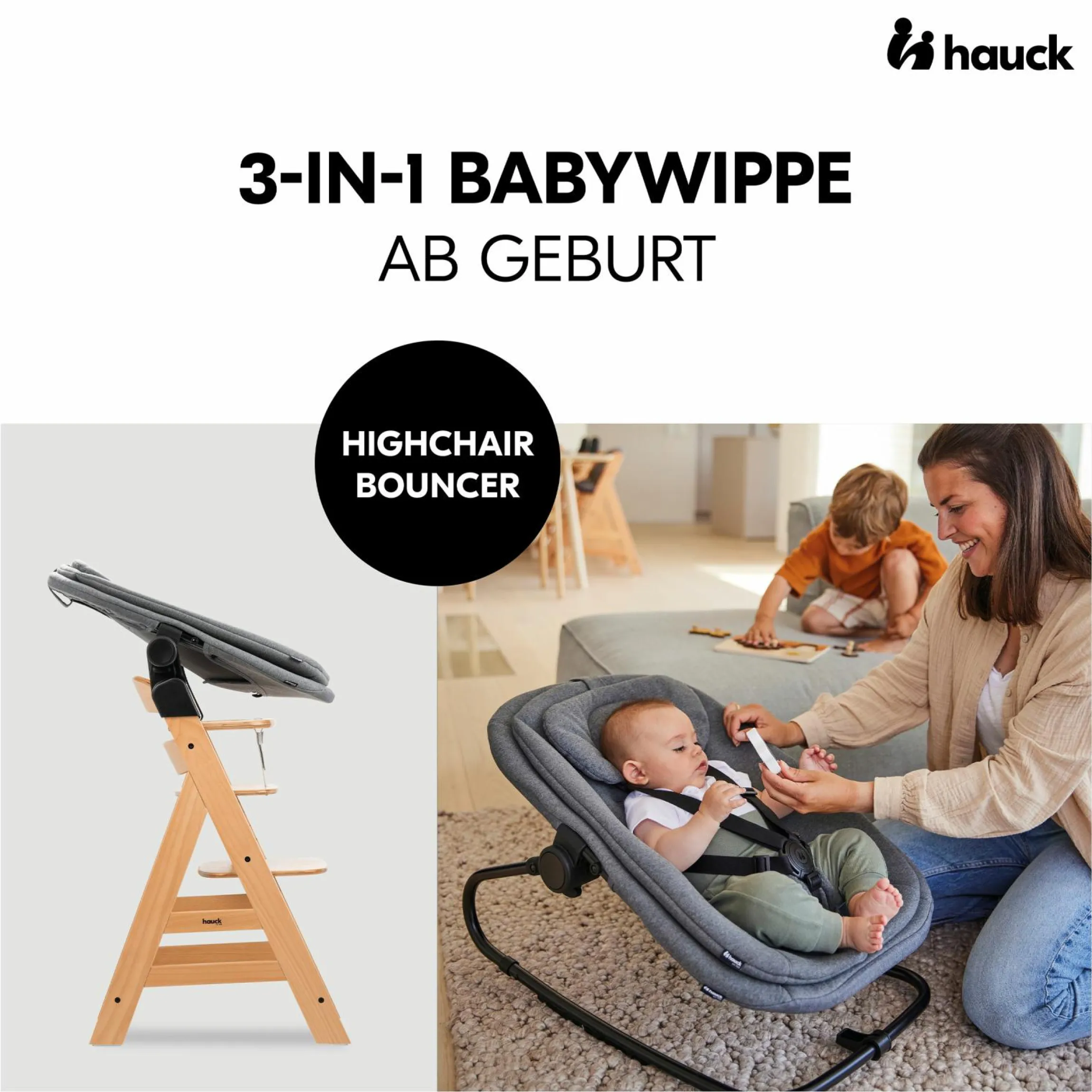 Alpha Plus Walnut 4-tlg. Newborn Set - Hochstuhl + 2in1 Babyaufsatz & Wippe + Sitzkissen - Dark Grey Melange
