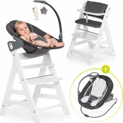 Alpha Plus Weiß Newborn Set Deluxe - 4-tlg. Hochstuhl + 2in1 Neugeboreneneinsatz (verstellbar) + Sitzpolster