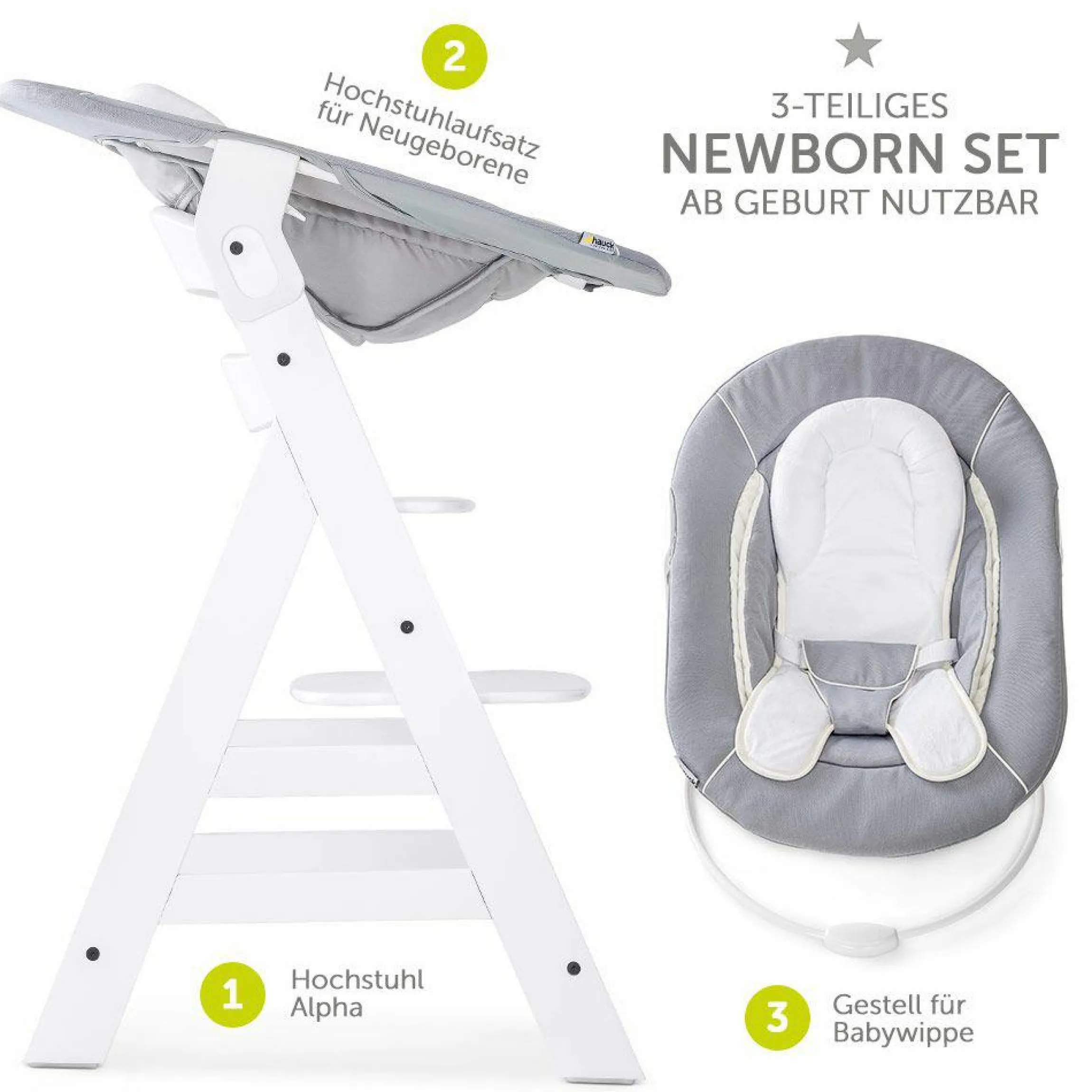 Alpha Plus White Newborn Set - 3-tlg. Hochstuhl + Neugeboreneneinsatz & Wippe Stretch Grey