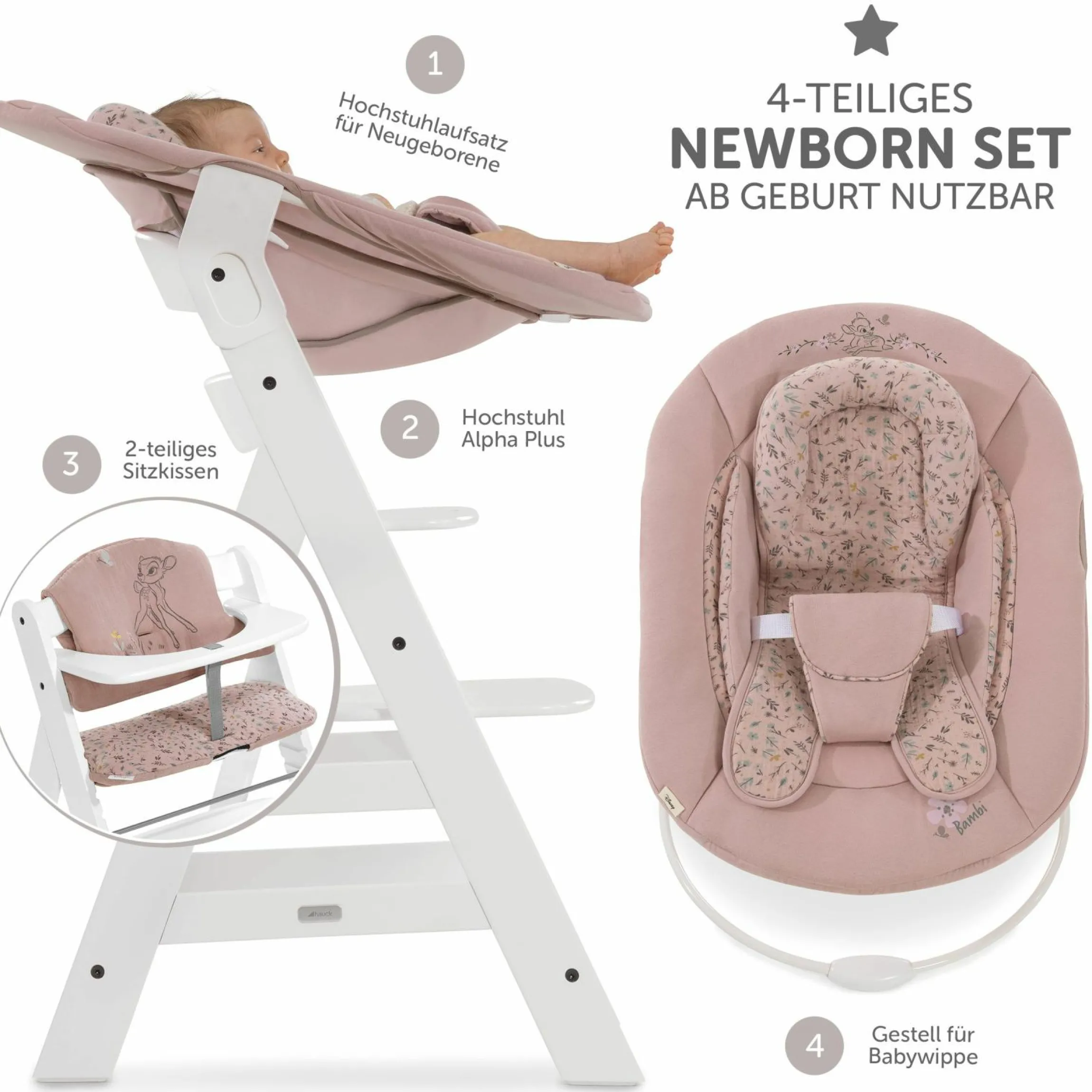 Alpha Plus White Newborn Set Bambi Rose - 4-tlg. Hochstuhl + Neugeborenenaufsatz + Sitzkissen