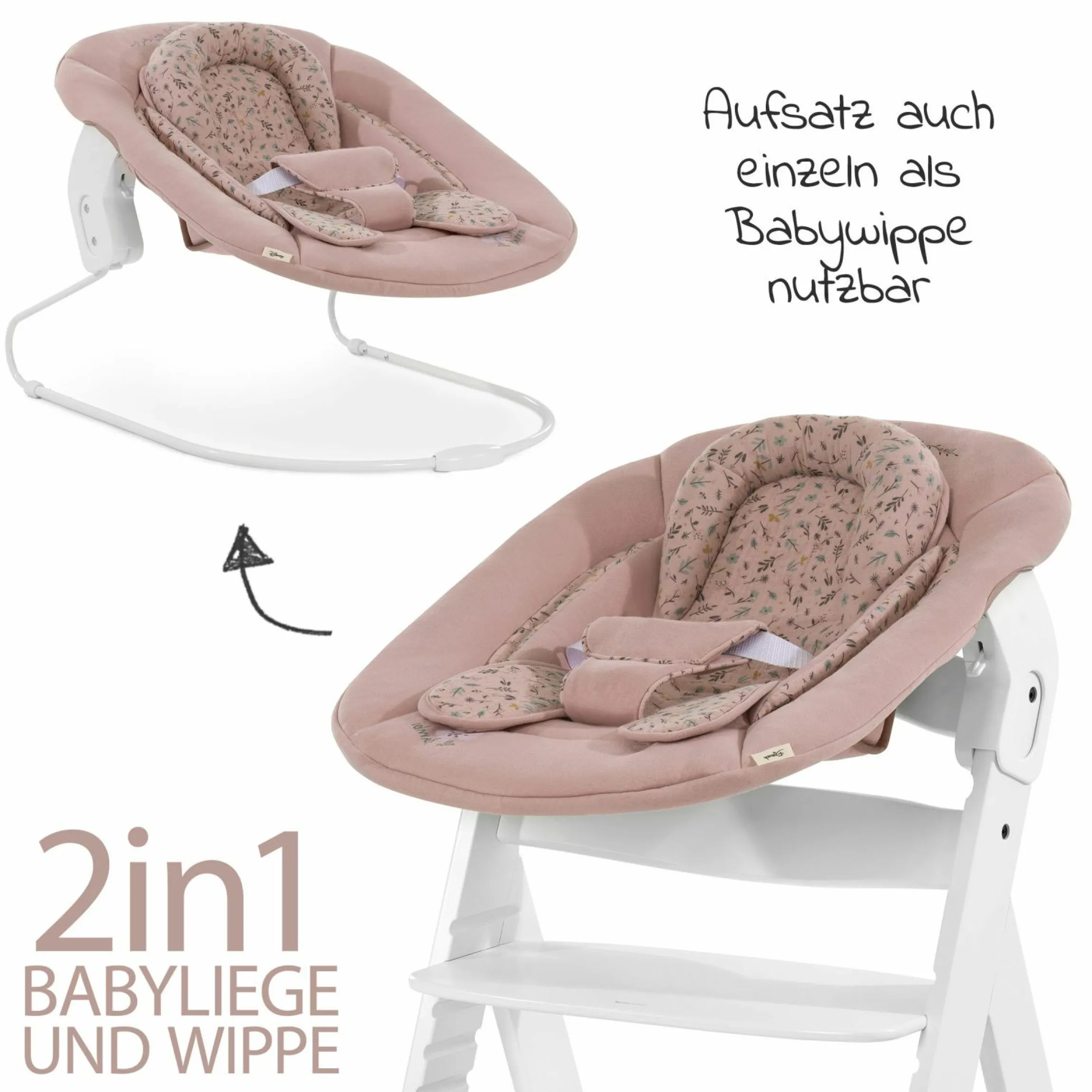 Alpha Plus White Newborn Set Bambi Rose - 4-tlg. Hochstuhl + Neugeborenenaufsatz + Sitzkissen