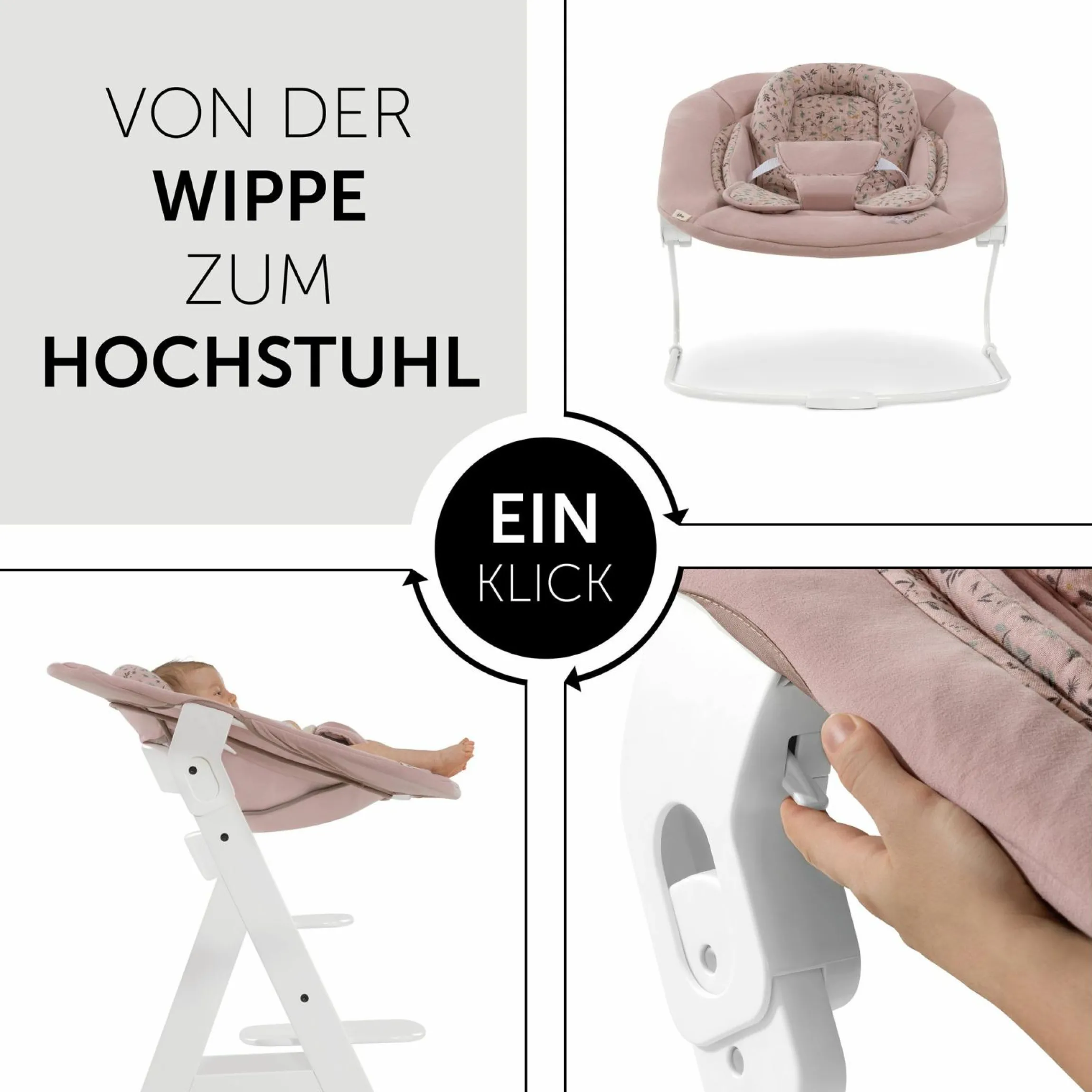 Alpha Plus White Newborn Set Bambi Rose - 4-tlg. Hochstuhl + Neugeborenenaufsatz + Sitzkissen