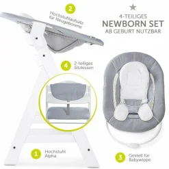Alpha Plus White Newborn Set - 4-tlg. Hochstuhl + Neugeborenenaufsatz & Wippe Stretch Grey + Sitzkissen
