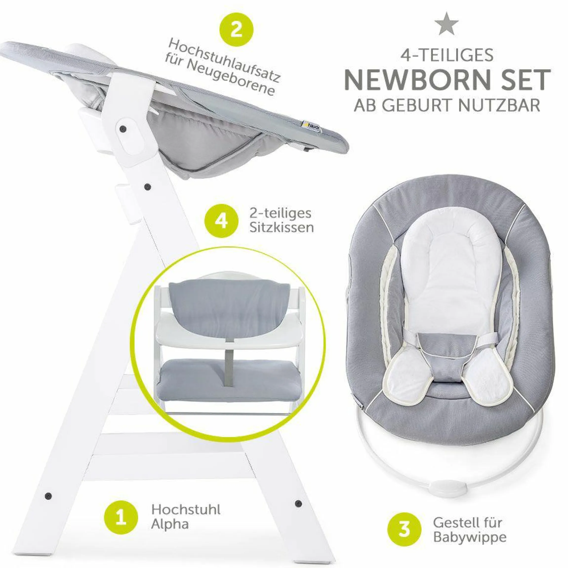 Alpha Plus White Newborn Set - 4-tlg. Hochstuhl + Neugeborenenaufsatz & Wippe Stretch Grey + Sitzkissen