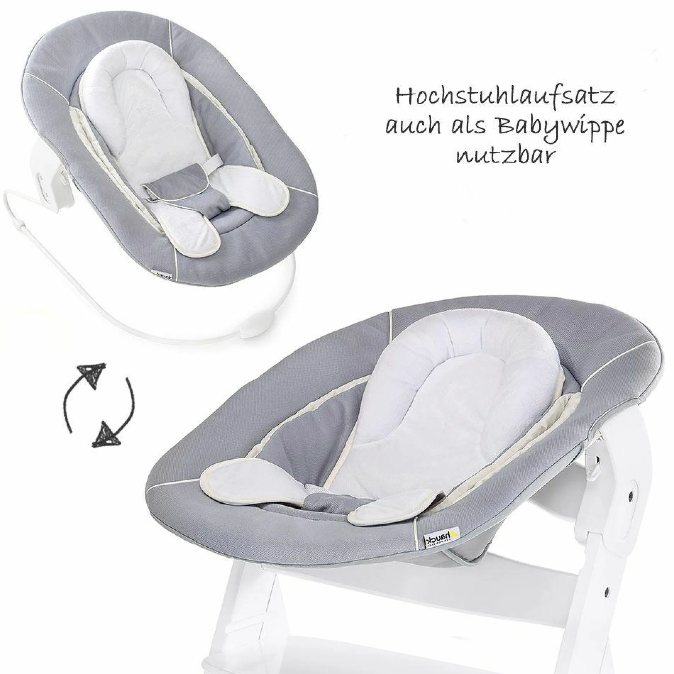 Alpha Plus White Newborn Set - 4-tlg. Hochstuhl + Neugeborenenaufsatz & Wippe Stretch Grey + Sitzkissen