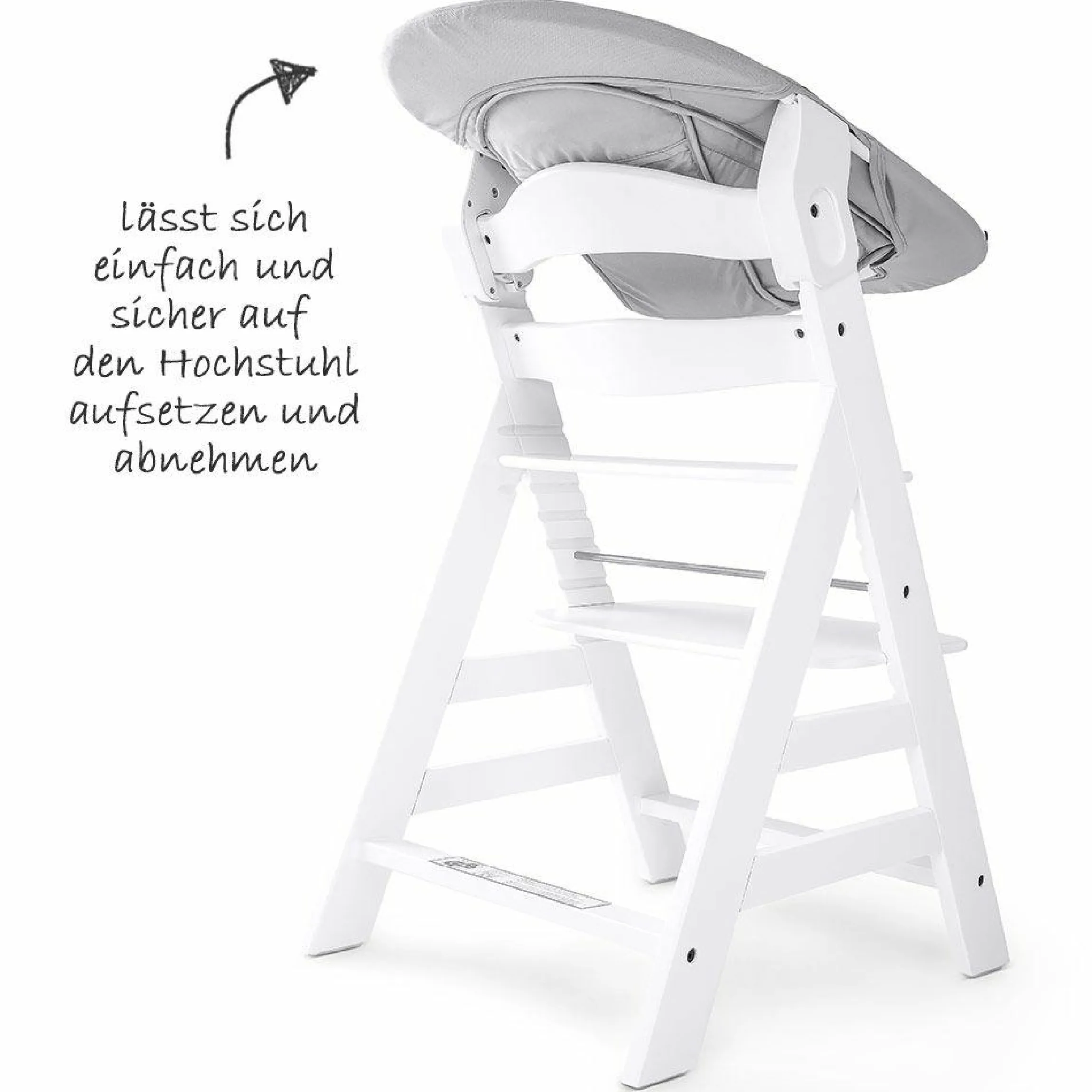 Alpha Plus White Newborn Set - 4-tlg. Hochstuhl + Neugeborenenaufsatz & Wippe Stretch Grey + Sitzkissen