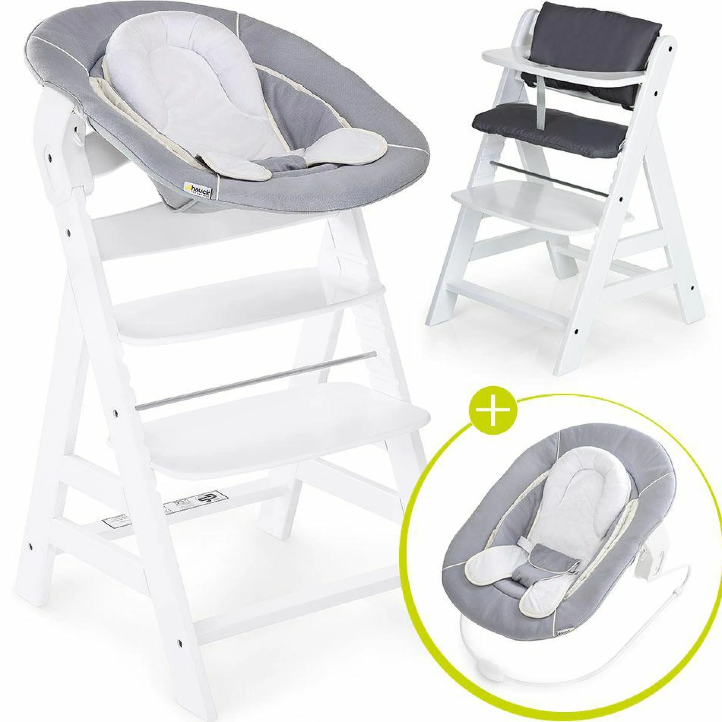 Alpha Plus White Newborn Set - 4-tlg. Hochstuhl + Neugeboreneneinsatz & Wippe Stretch Grey + Sitzpolster