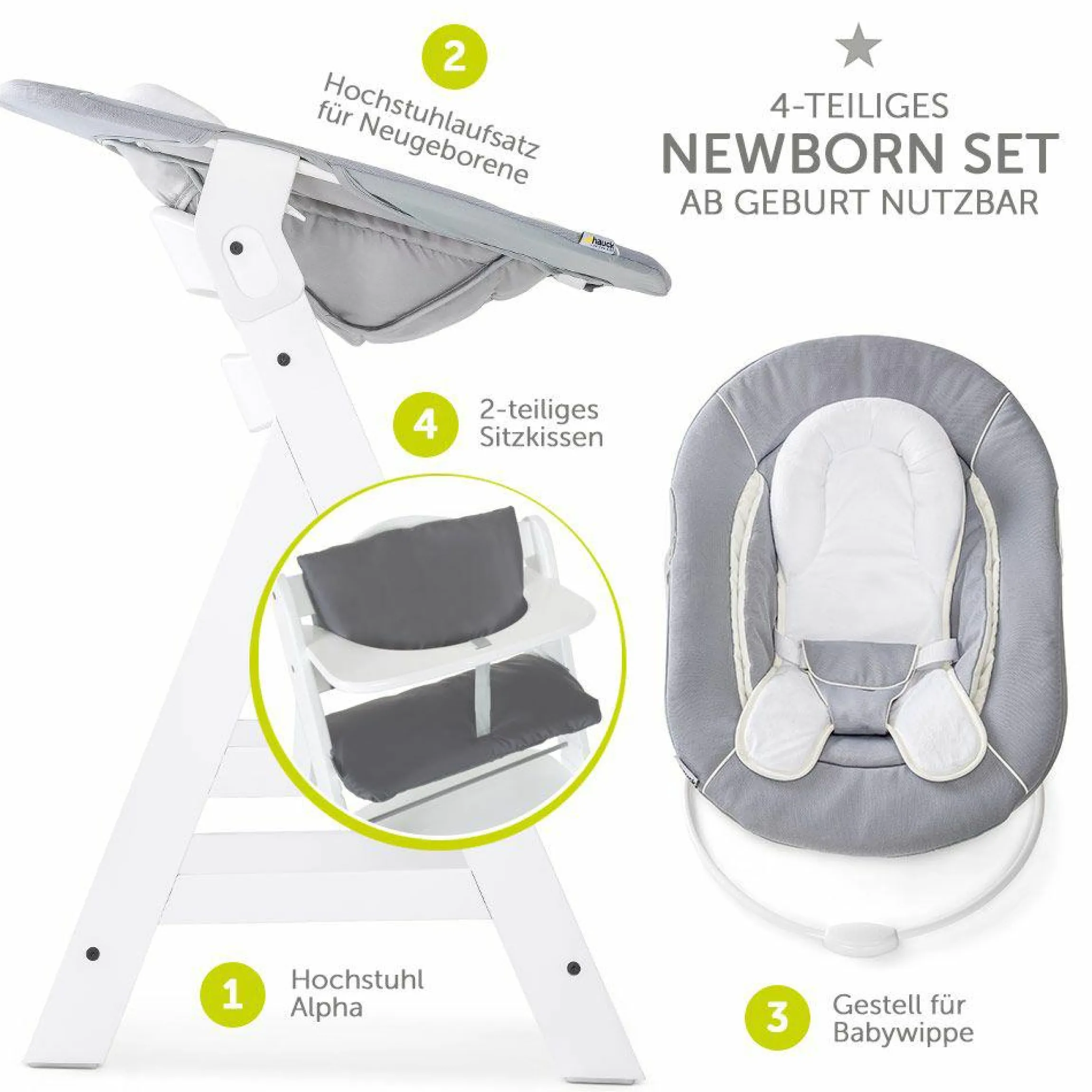 Alpha Plus White Newborn Set - 4-tlg. Hochstuhl + Neugeboreneneinsatz & Wippe Stretch Grey + Sitzpolster