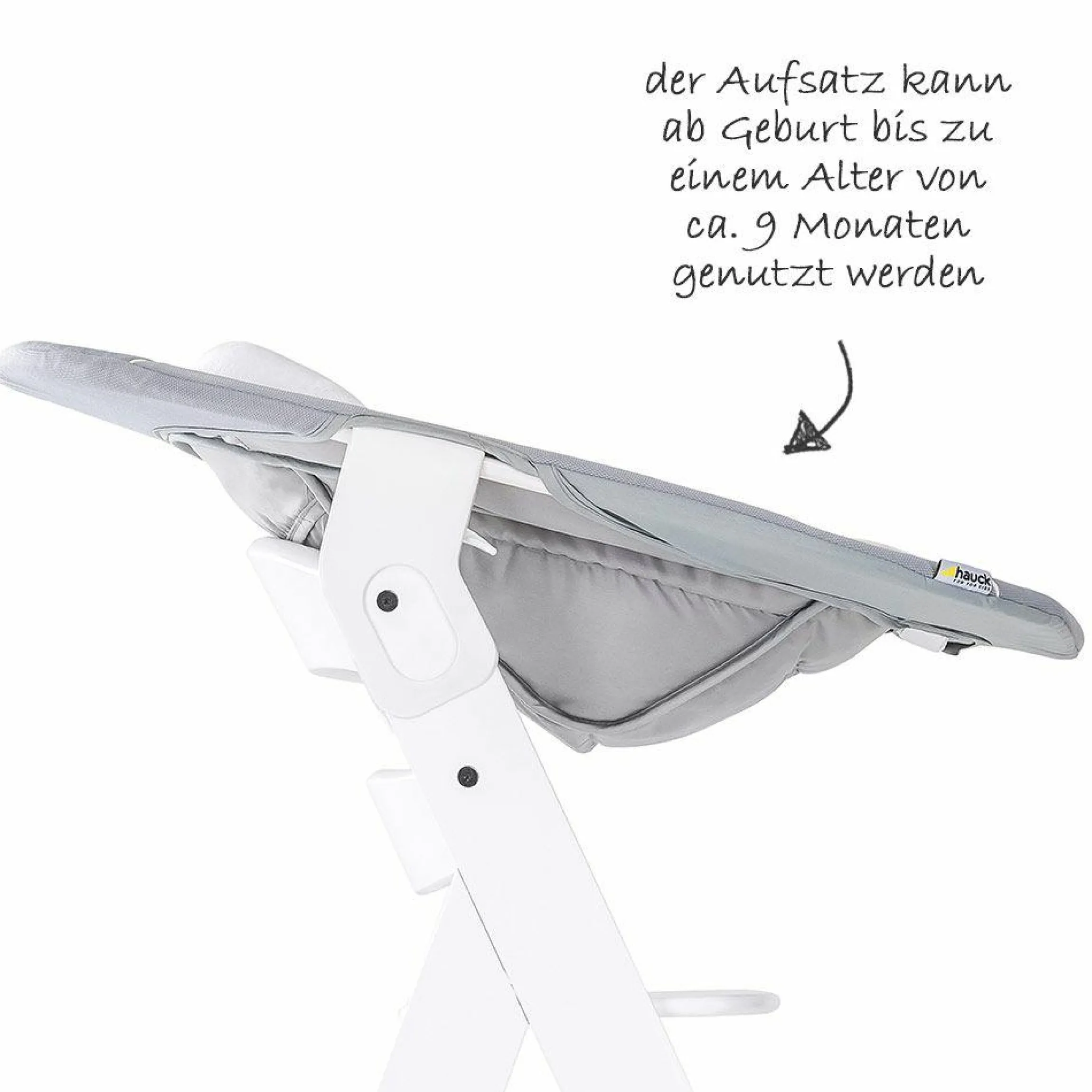 Alpha Plus White Newborn Set - 4-tlg. Hochstuhl + Neugeboreneneinsatz & Wippe Stretch Grey + Sitzpolster