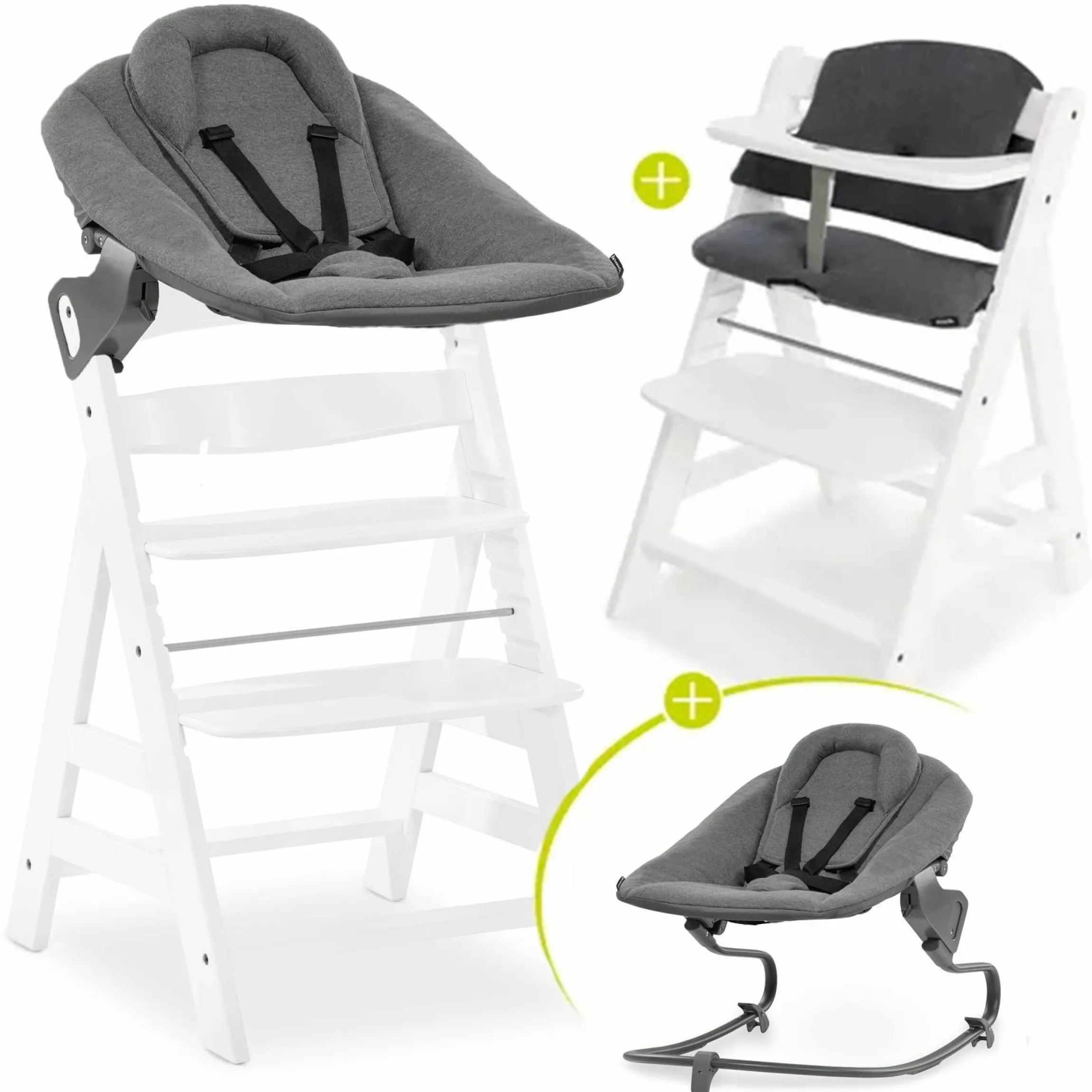 Alpha Plus White 4-tlg. Newborn Set - Hochstuhl + 2in1 Neugeborenen-Aufsatz & Wippe + Hochstuhlauflage - Jersey Charcoal