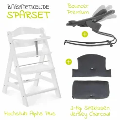 Alpha Plus White 4-tlg. Newborn Set - Hochstuhl + 2in1 Neugeborenen-Aufsatz & Wippe + Hochstuhlauflage - Jersey Charcoal