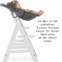 Alpha Plus White 4-tlg. Newborn Set - Hochstuhl + 2in1 Neugeborenen-Aufsatz & Wippe + Hochstuhlauflage - Jersey Charcoal