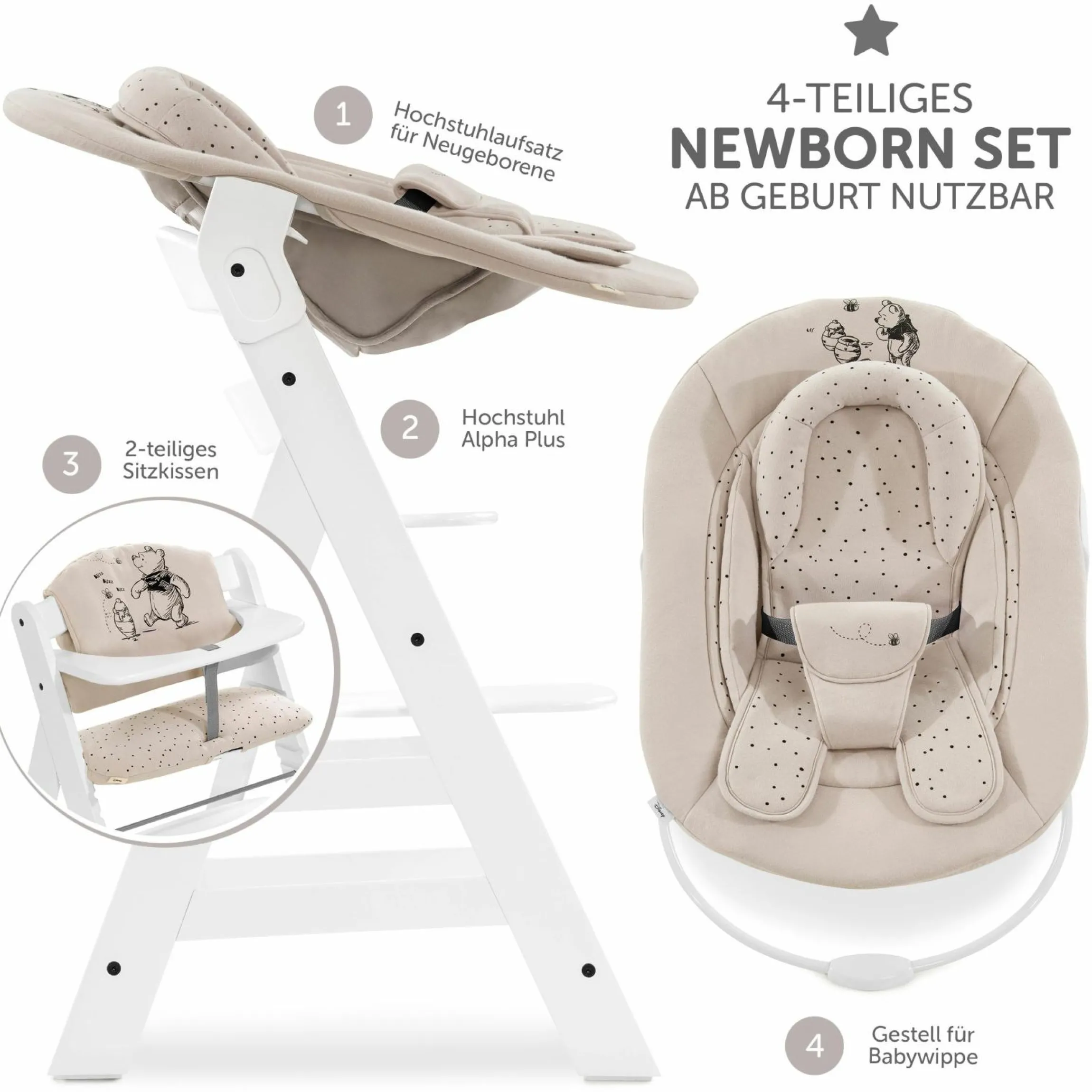 Alpha Plus White 4-tlg. Newborn Set Disney Pooh - Hochstuhl + Neugeborenenaufsatz & Wippe + Sitzkissen