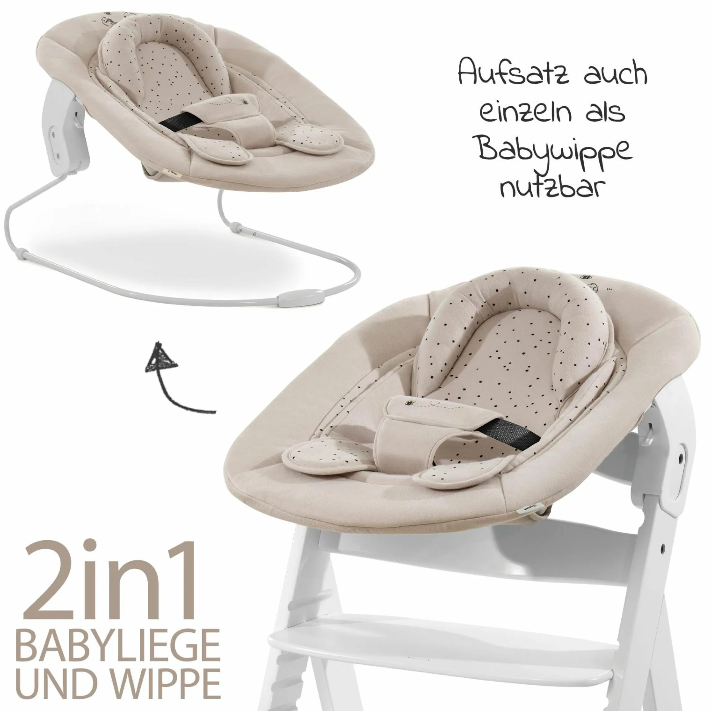 Alpha Plus White 4-tlg. Newborn Set Disney Pooh - Hochstuhl + Neugeborenenaufsatz & Wippe + Sitzkissen